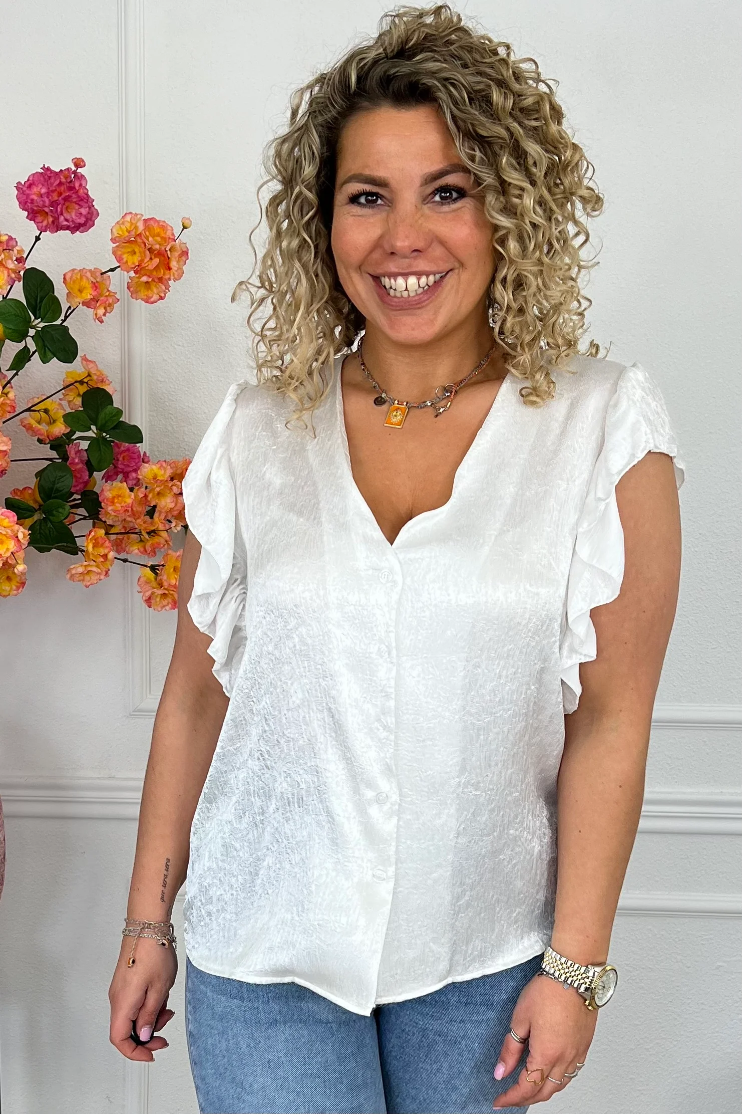 Short Sleeve Ruffle Blouse - White - Image 2