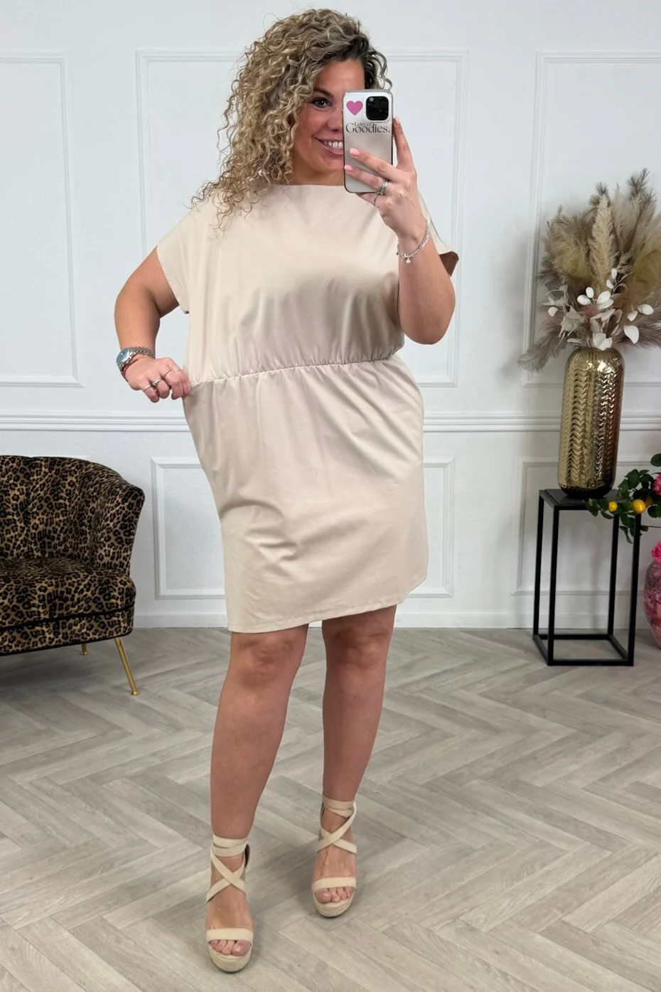 Short Sleeve Split Dress - Beige - Image 2