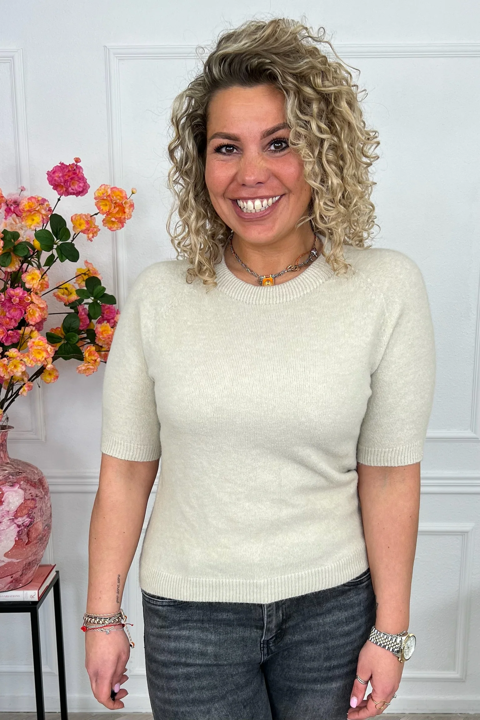 Short Sleeve Spring Sweater - Beige