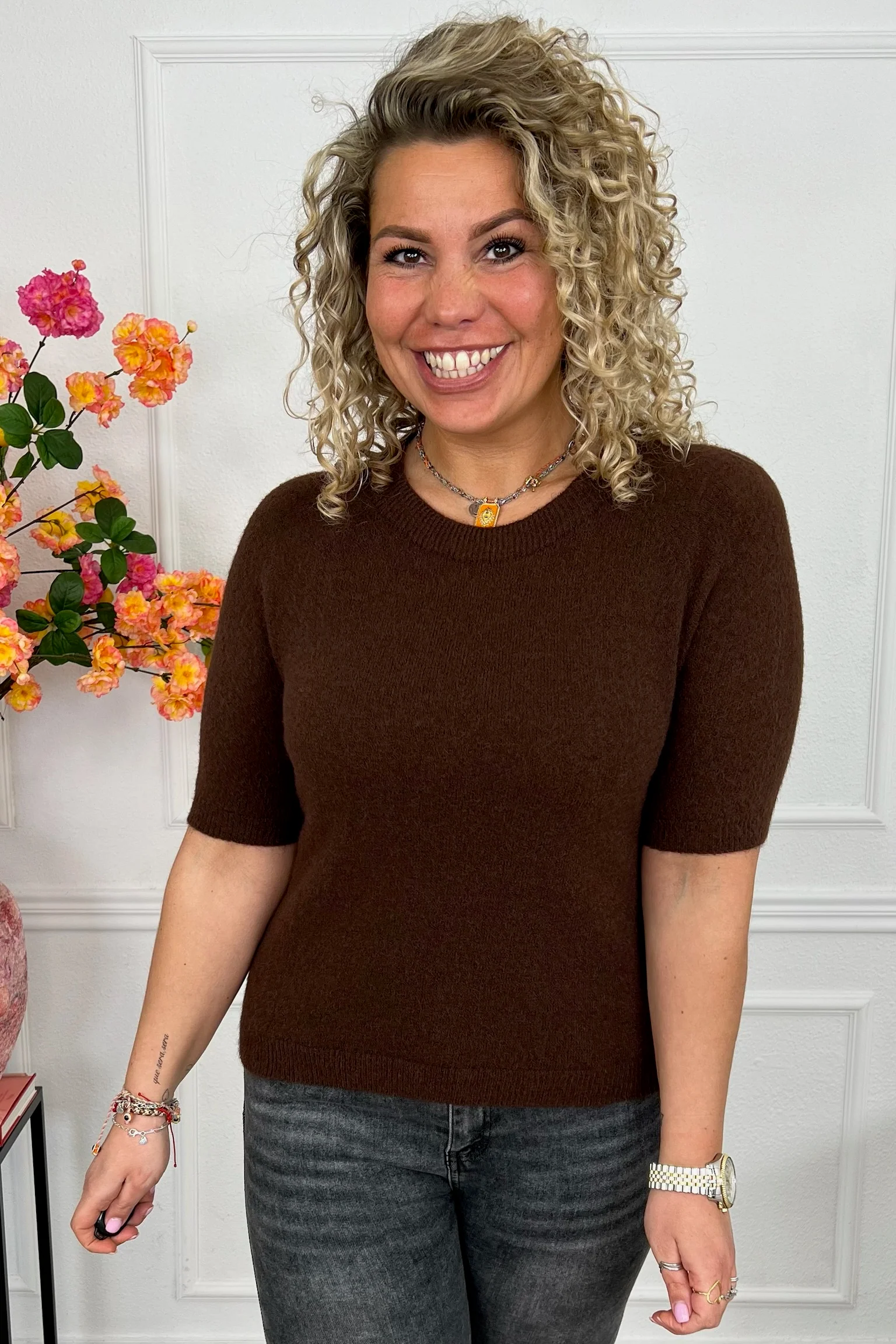 Short Sleeve Spring Sweater - Brown