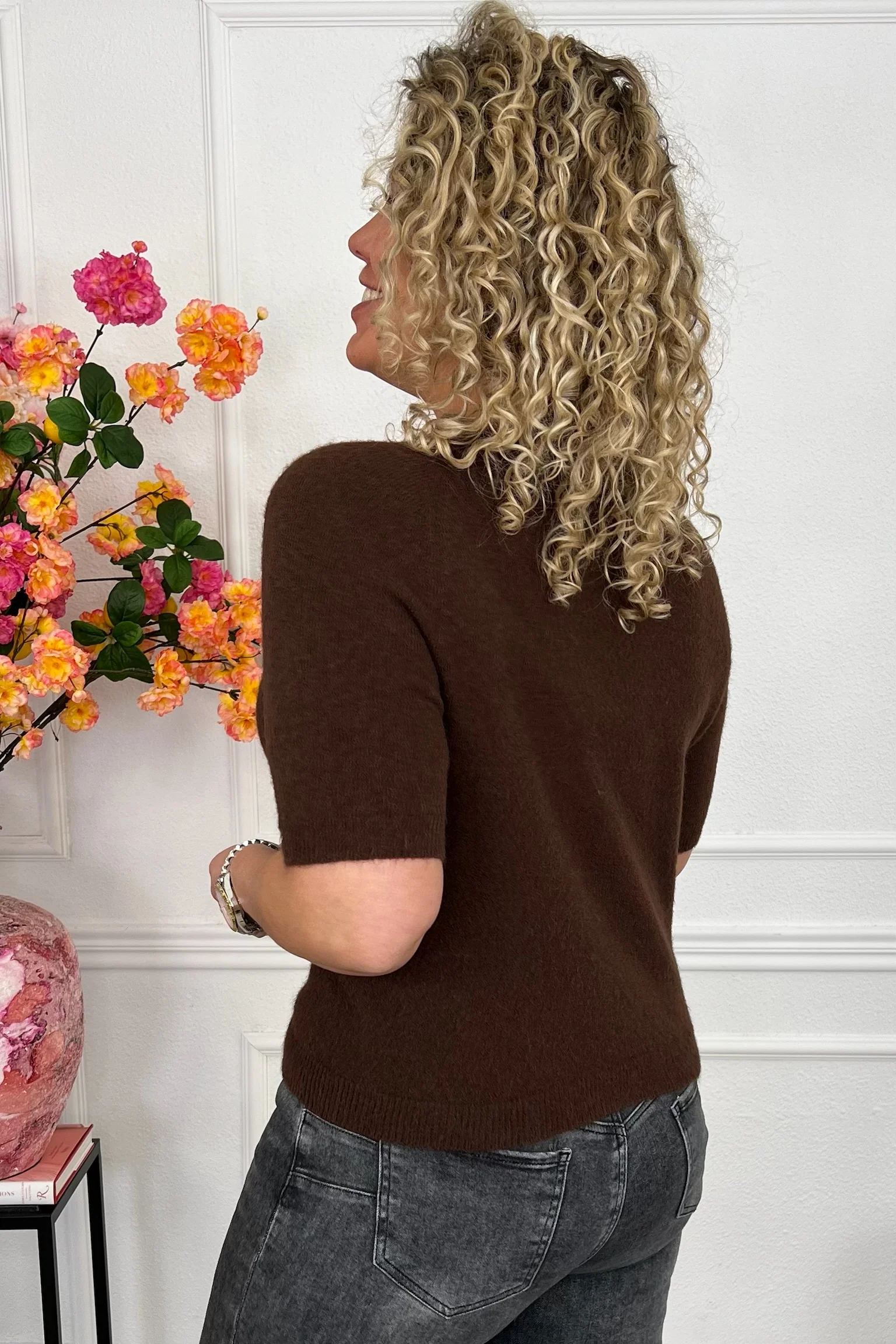 Short Sleeve Spring Sweater - Brown - Image 2