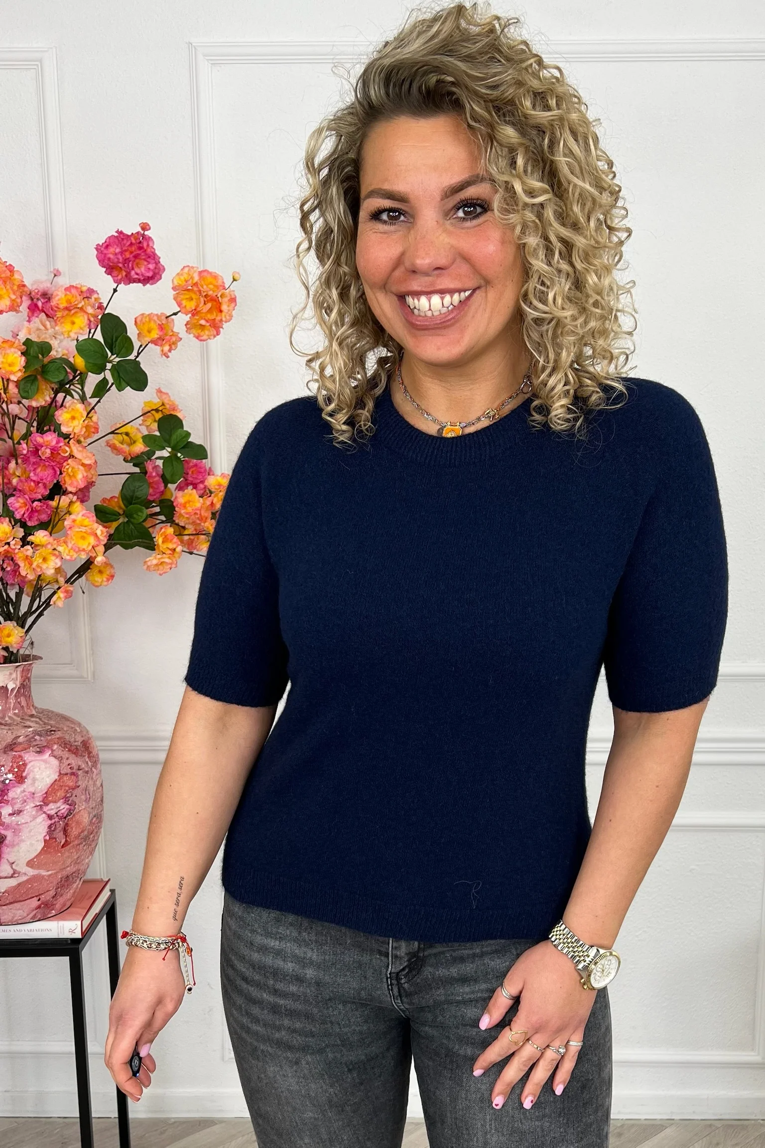 Short Sleeve Spring Sweater - Navy
