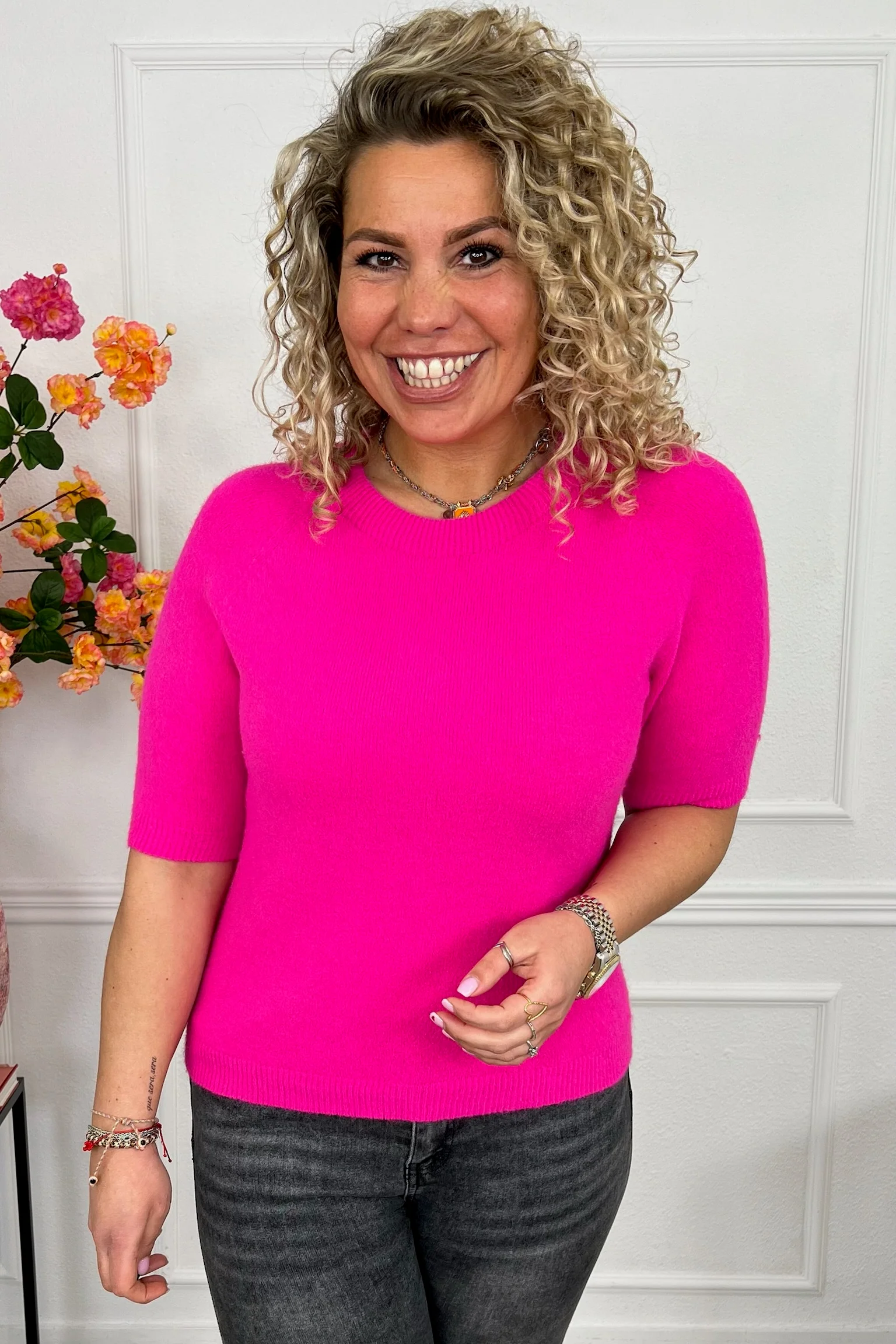 Short Sleeve Spring Sweater - Neon Pink - Image 3