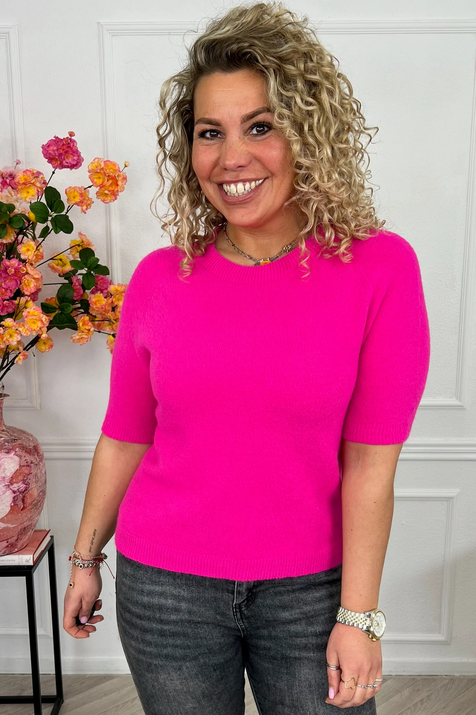 Short Sleeve Spring Sweater - Neon Pink - Image 4