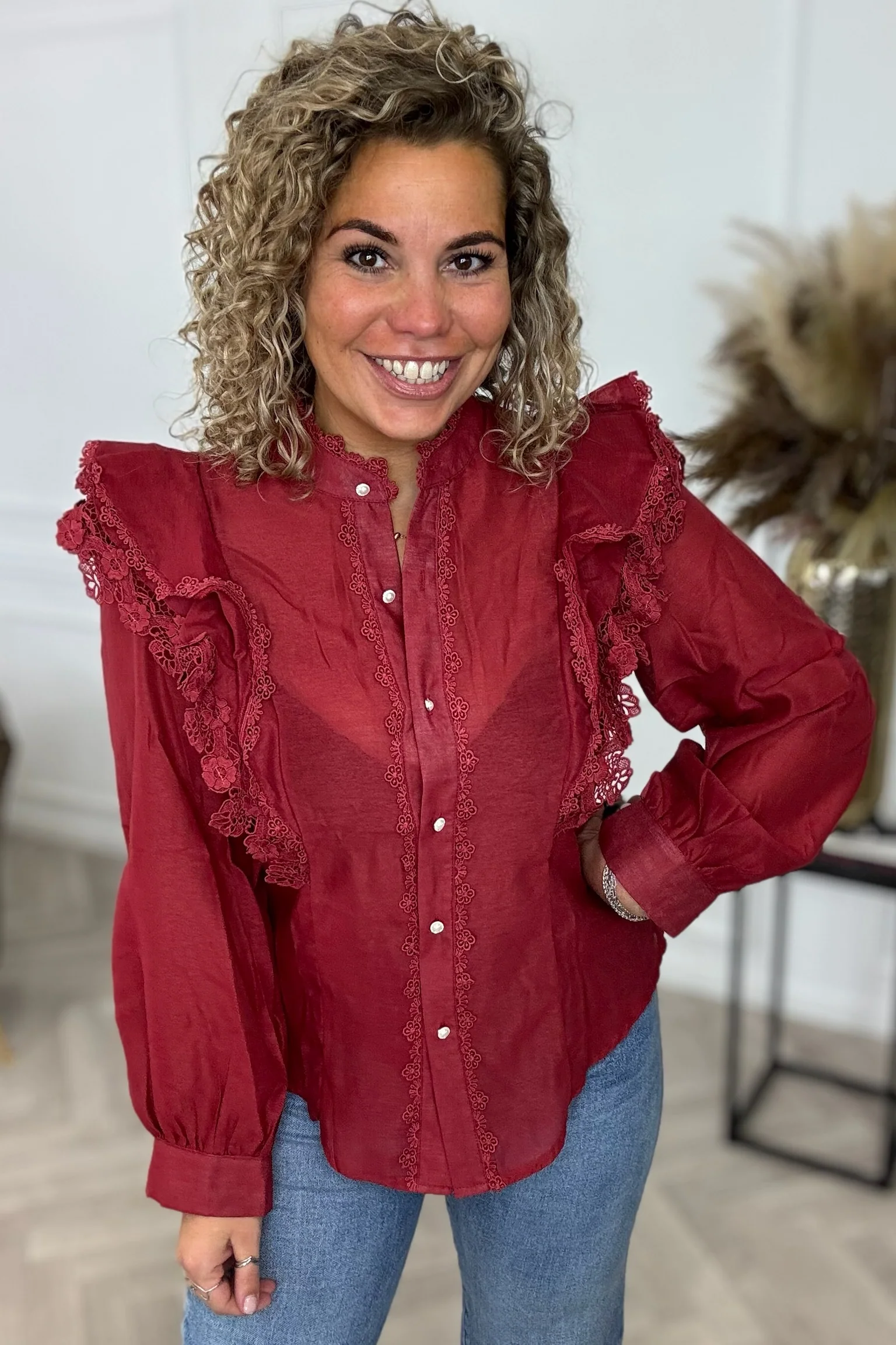 Shoulder Ruffle Blouse - Bordeaux
