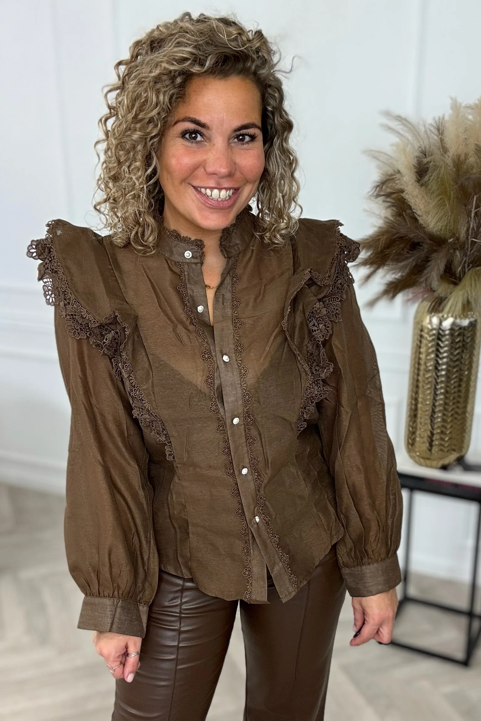 Shoulder Ruffle Blouse - Brown