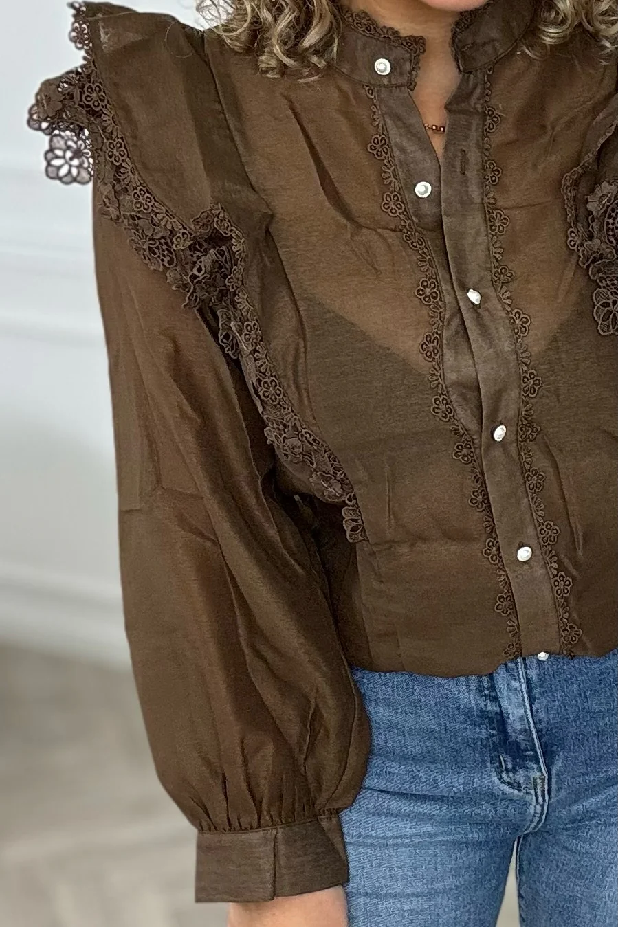 Shoulder Ruffle Blouse - Brown - Image 3