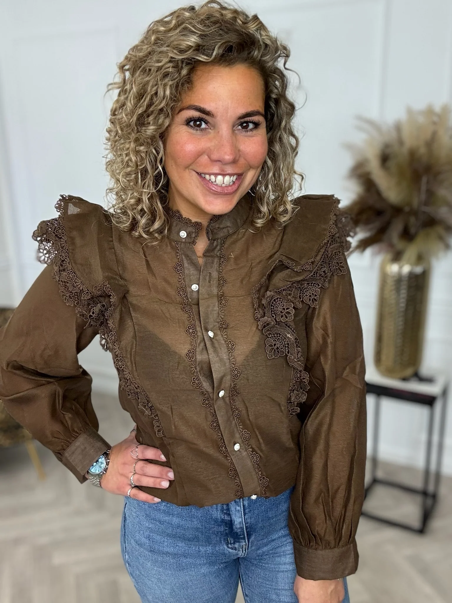 Shoulder Ruffle Blouse - Brown - Image 4