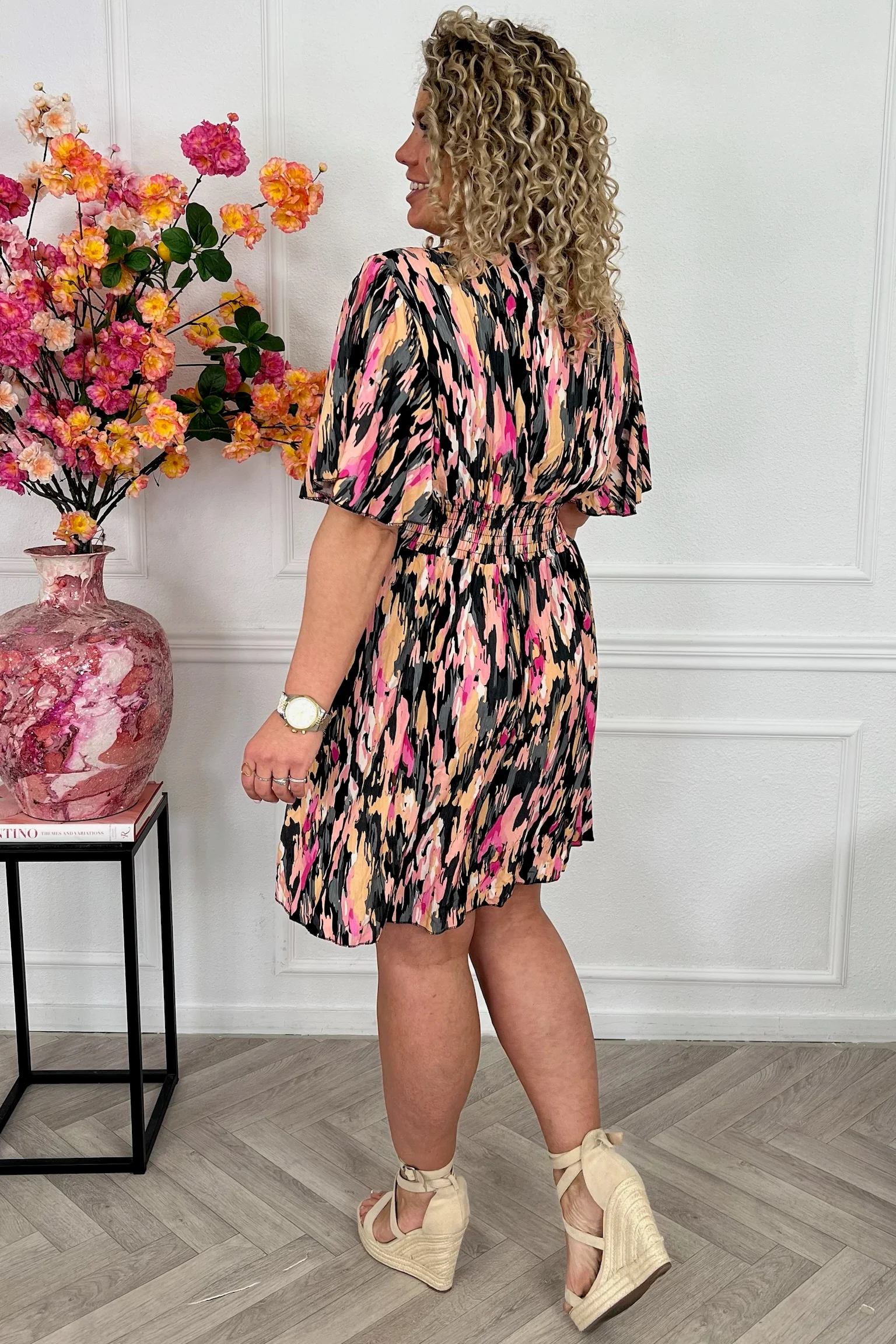 Sicilia Summer Print Dress - Black/Beige/Pink - Image 3