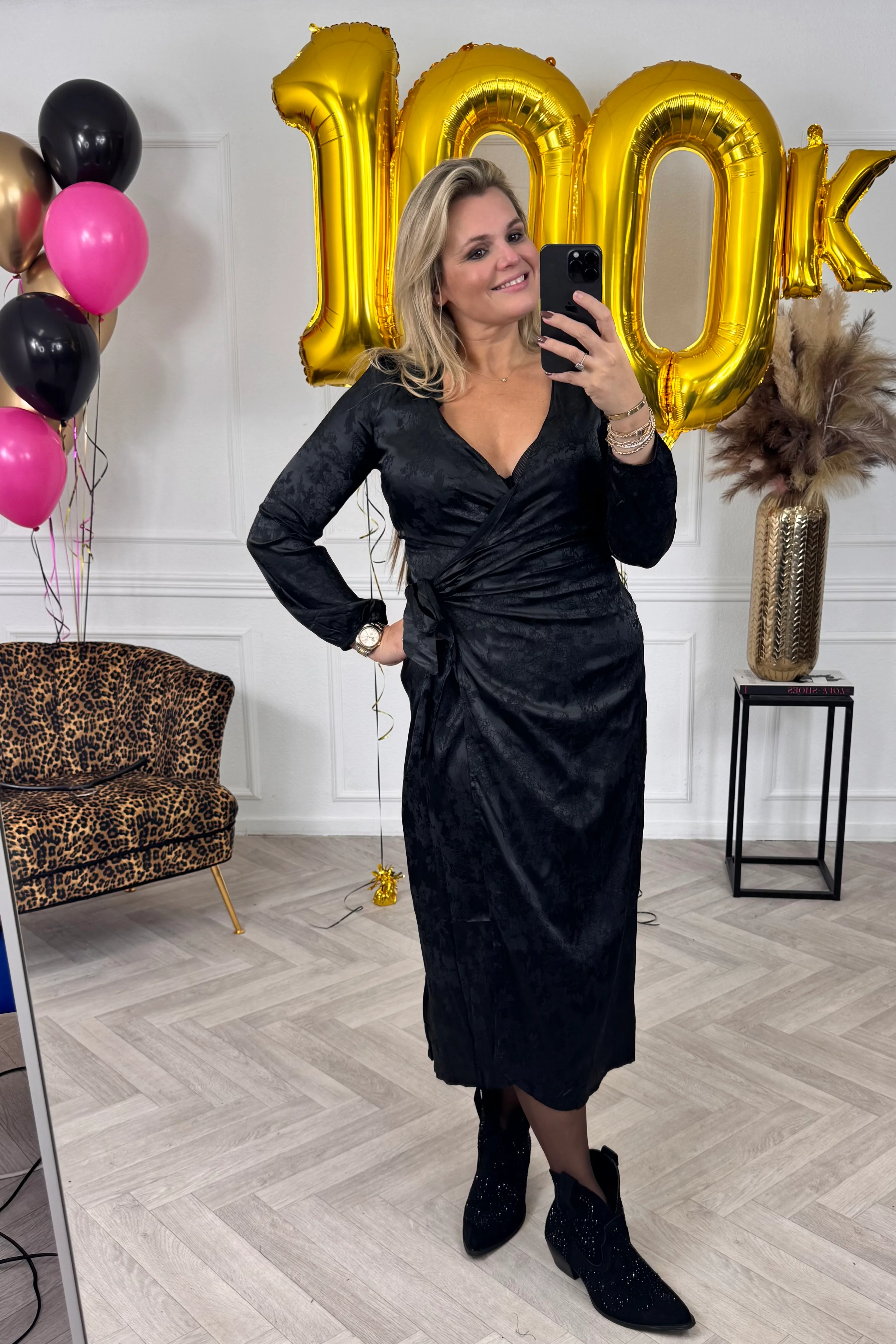 Silk Flower Strik Dress - Black