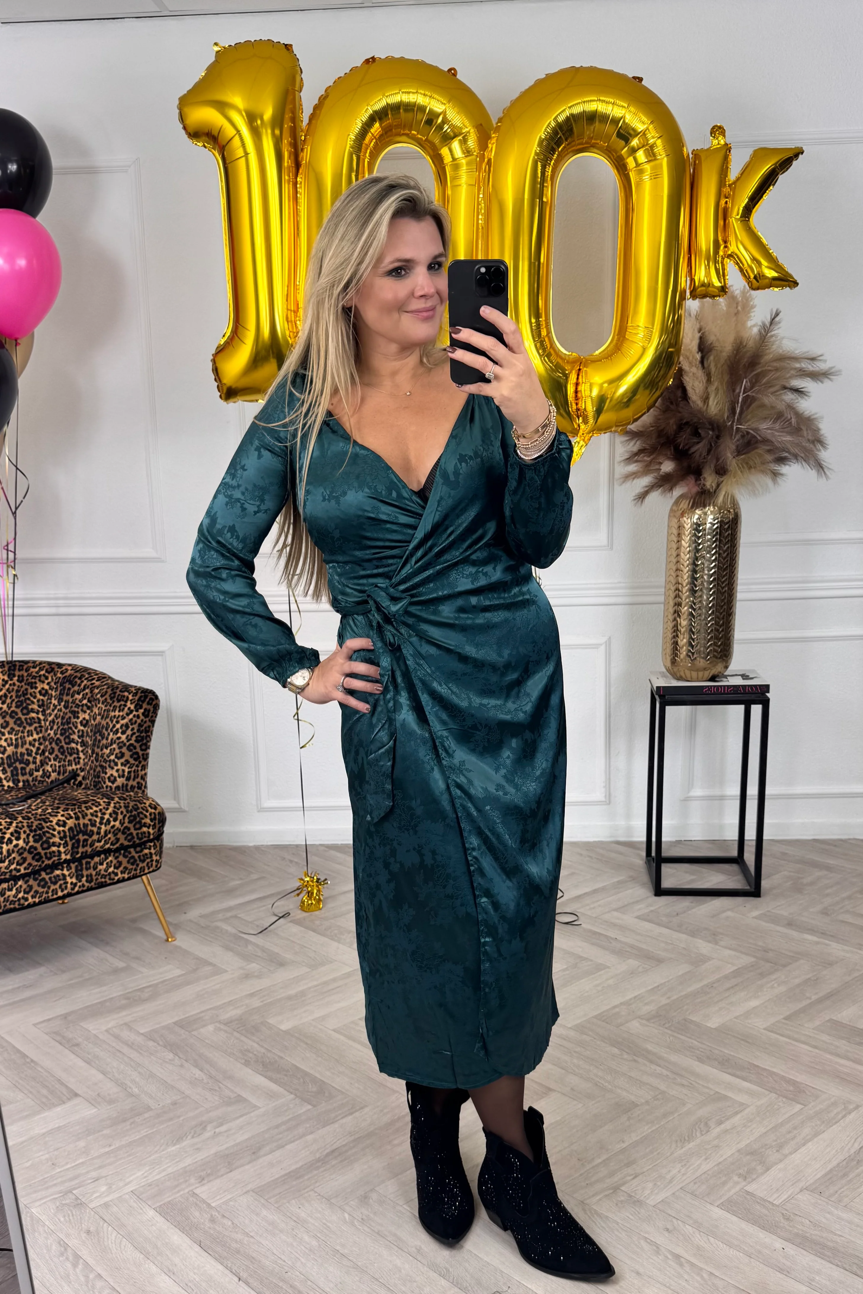 Silk Flower Strik Dress - Green