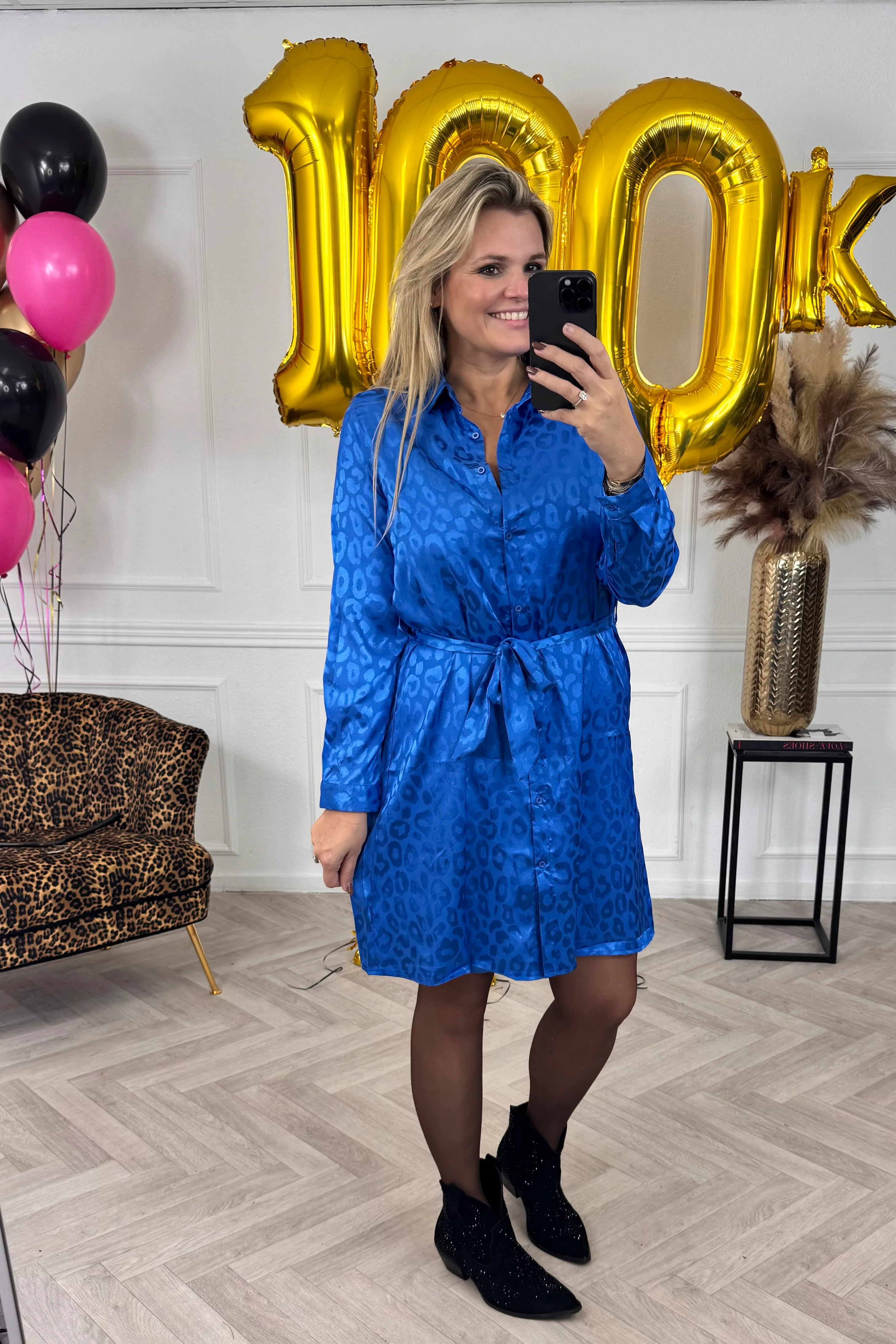 Silk Leopard Blouse Dress - Blue - Image 3