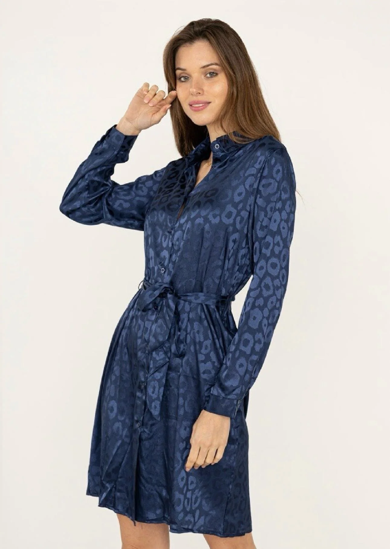Silk Leopard Blouse Dress - Navy