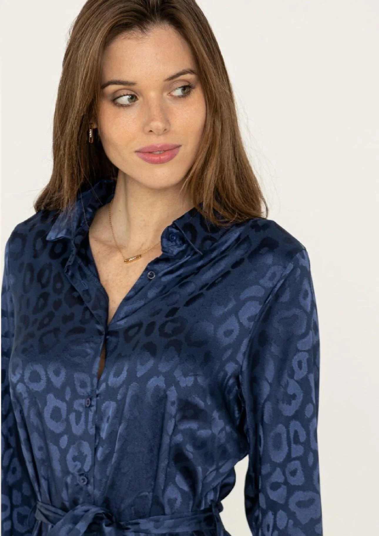 Silk Leopard Blouse Dress - Navy - Image 2