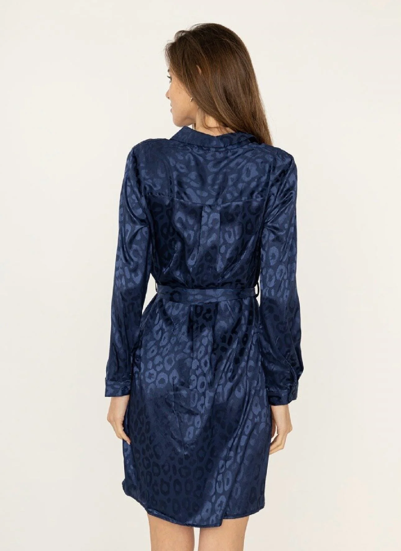 Silk Leopard Blouse Dress - Navy - Image 3