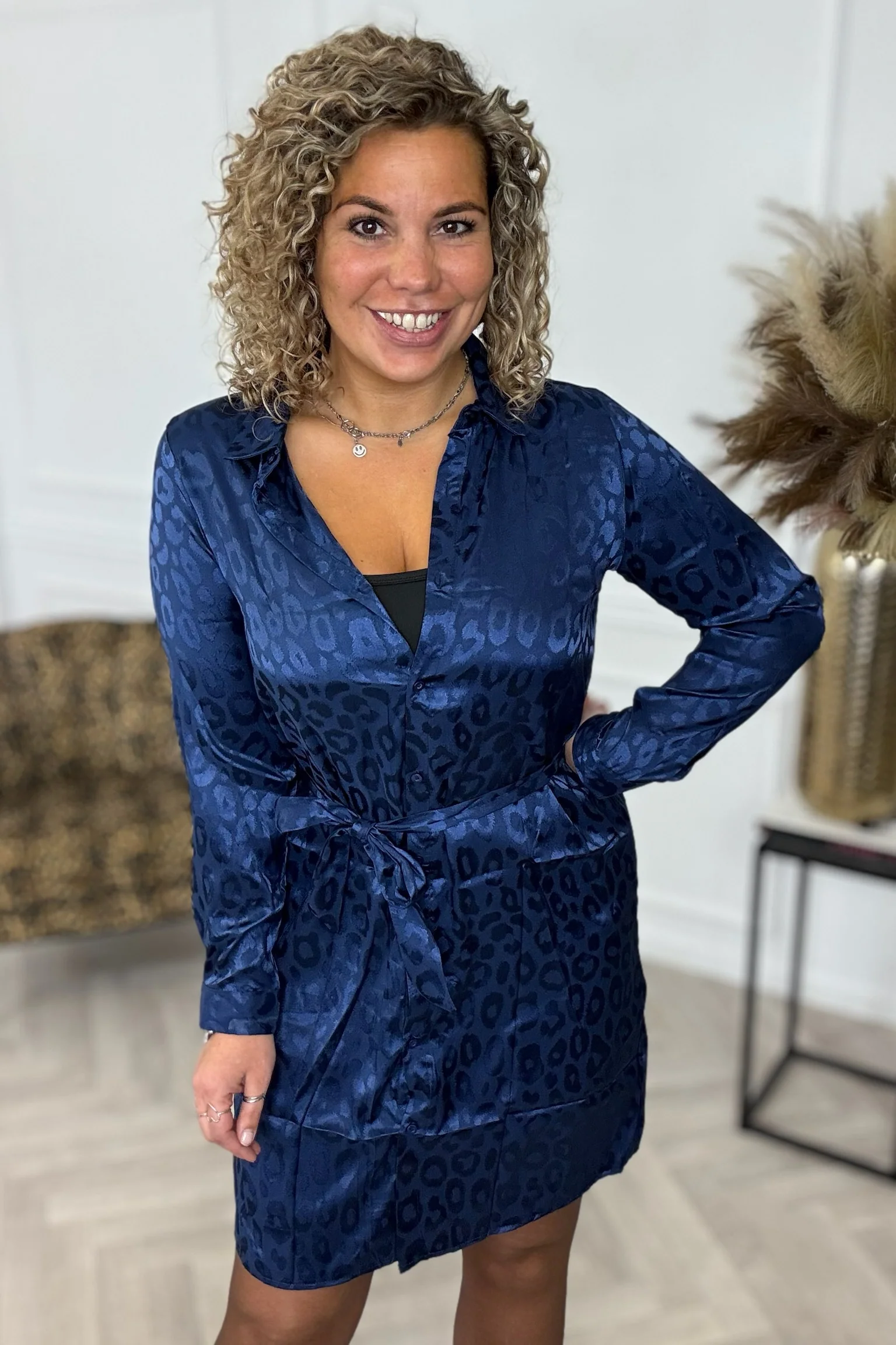 Silk Leopard Blouse Dress - Navy - Image 4