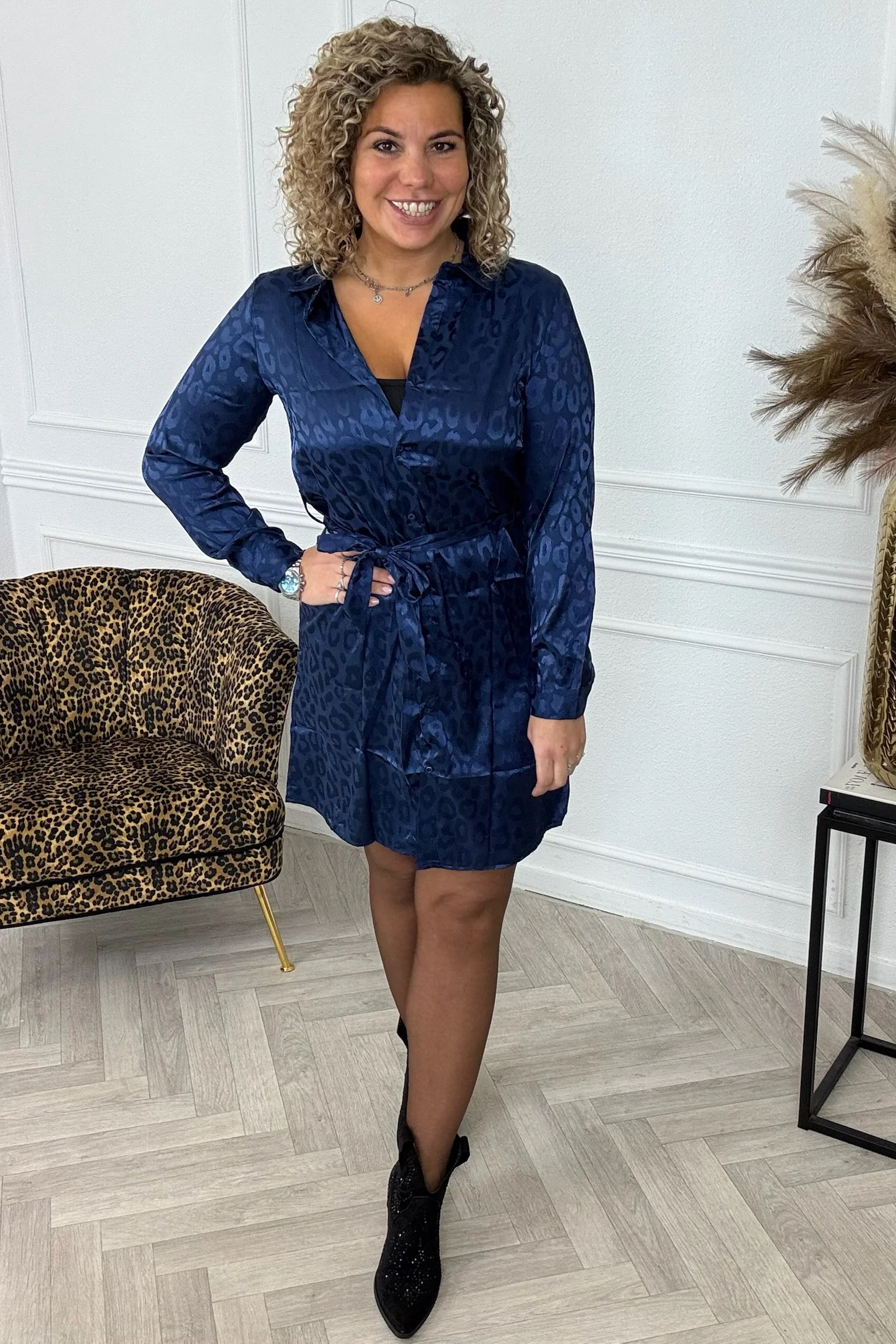 Silk Leopard Blouse Dress - Navy - Image 5