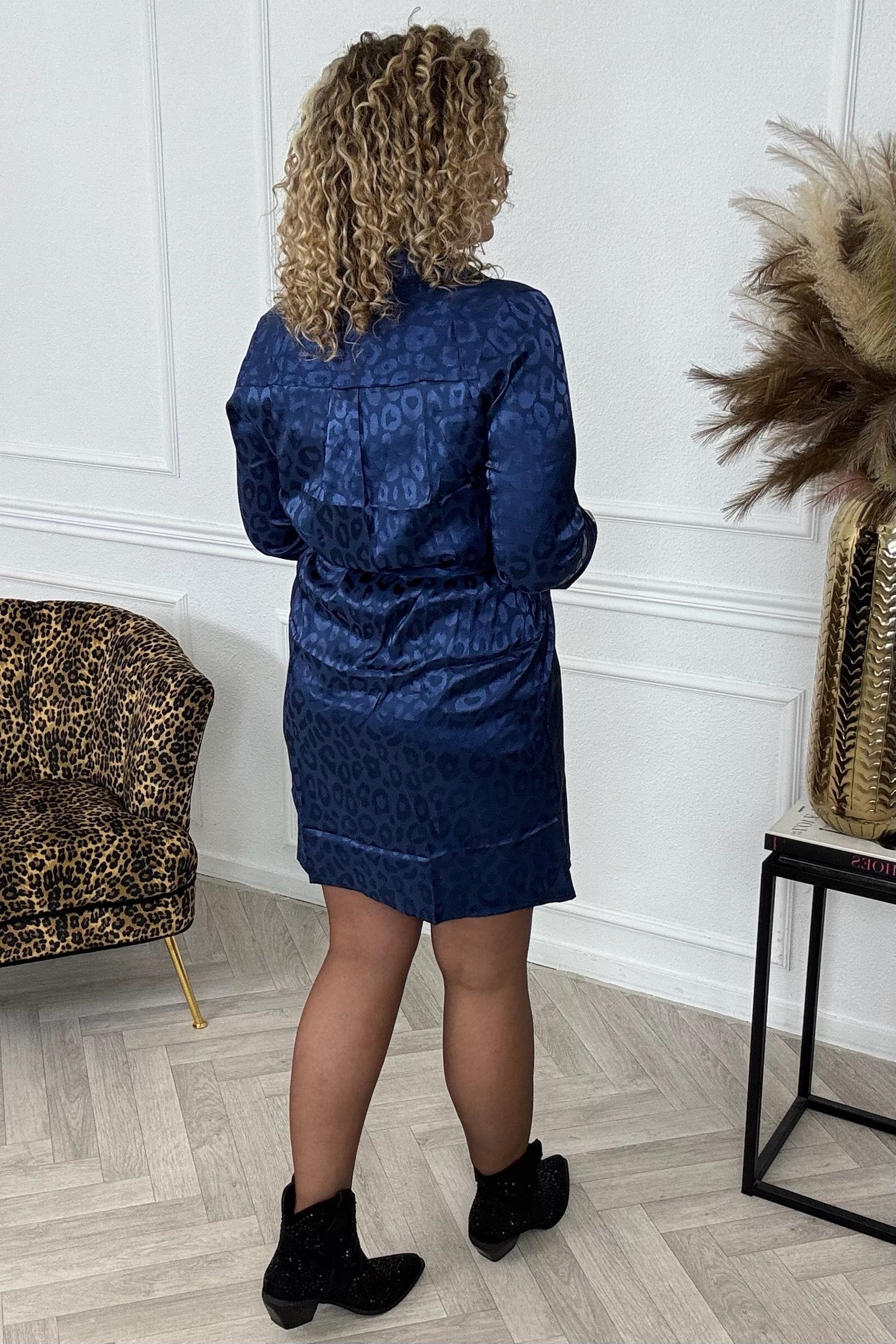 Silk Leopard Blouse Dress - Navy - Image 6