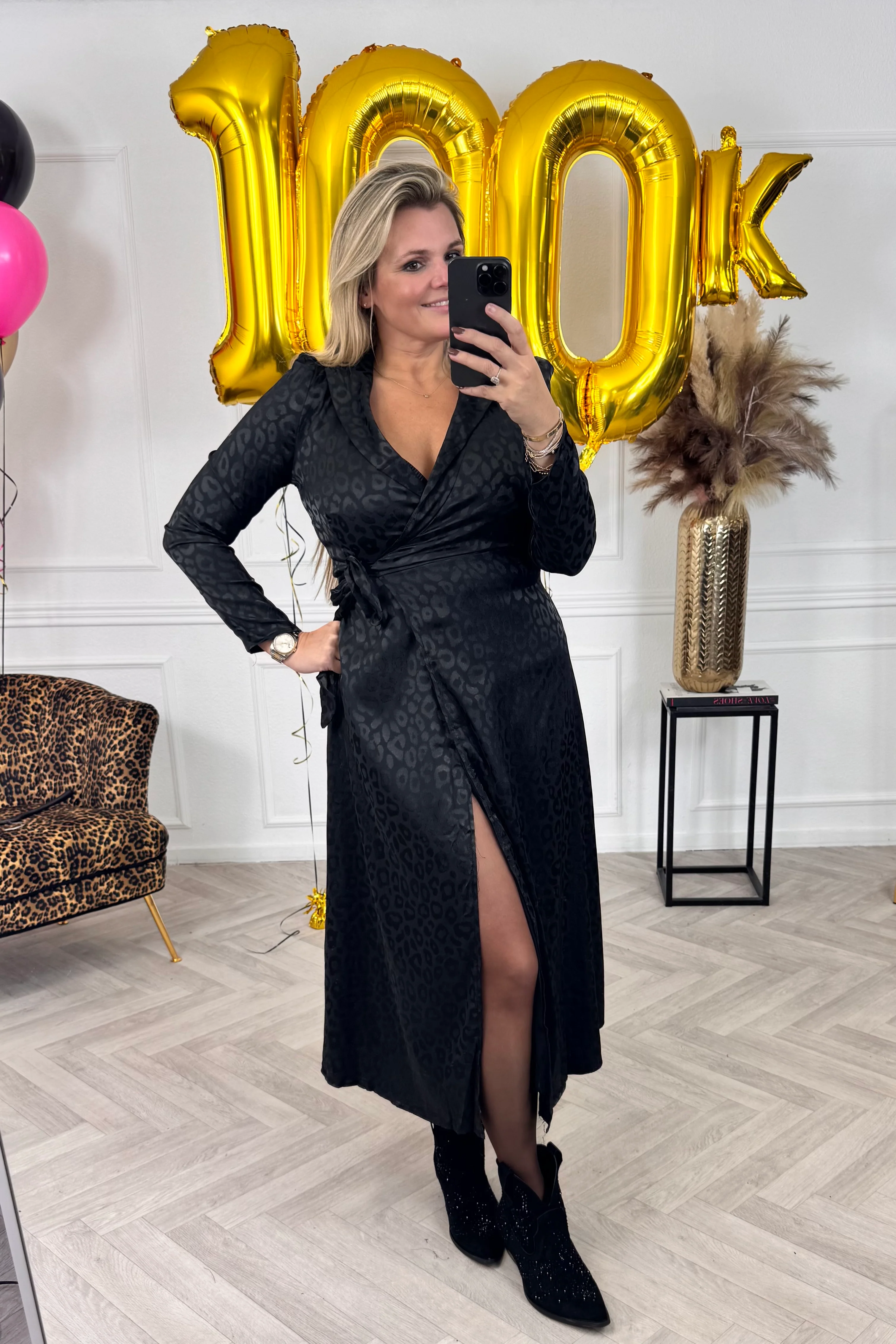 Silk Leopard Strik Dress - Black