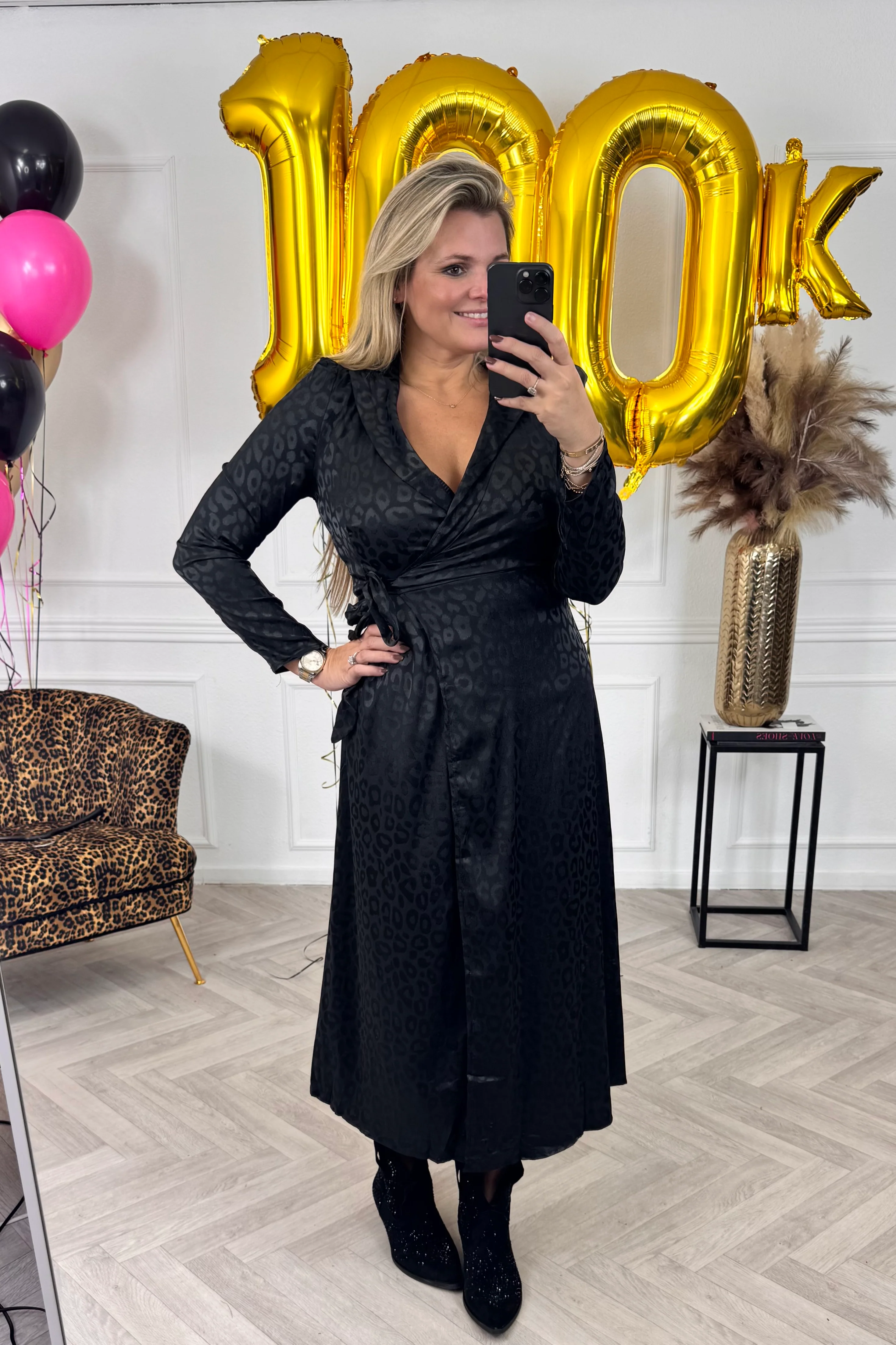 Silk Leopard Strik Dress - Black - Image 2