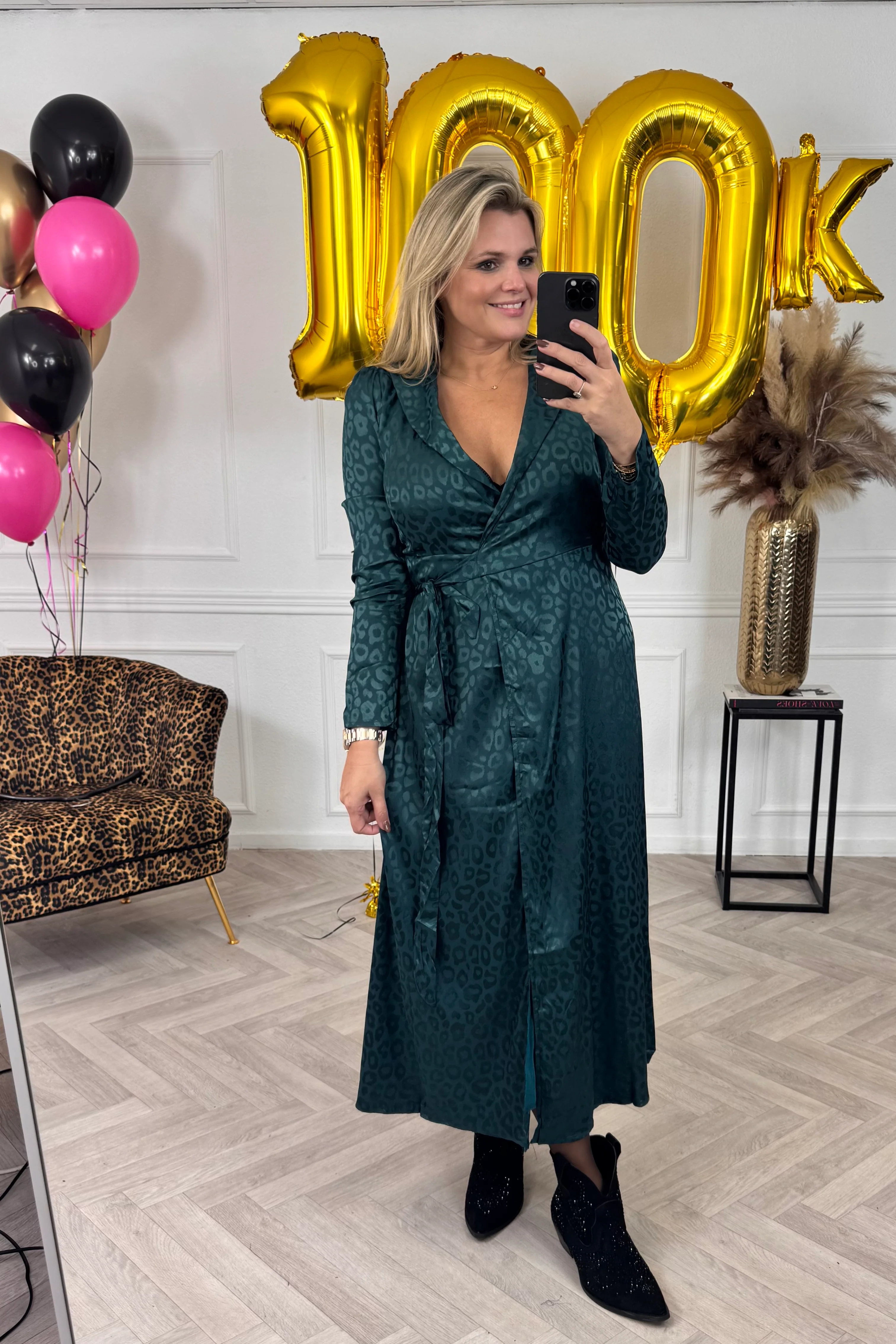 Silk Leopard Strik Dress - Green