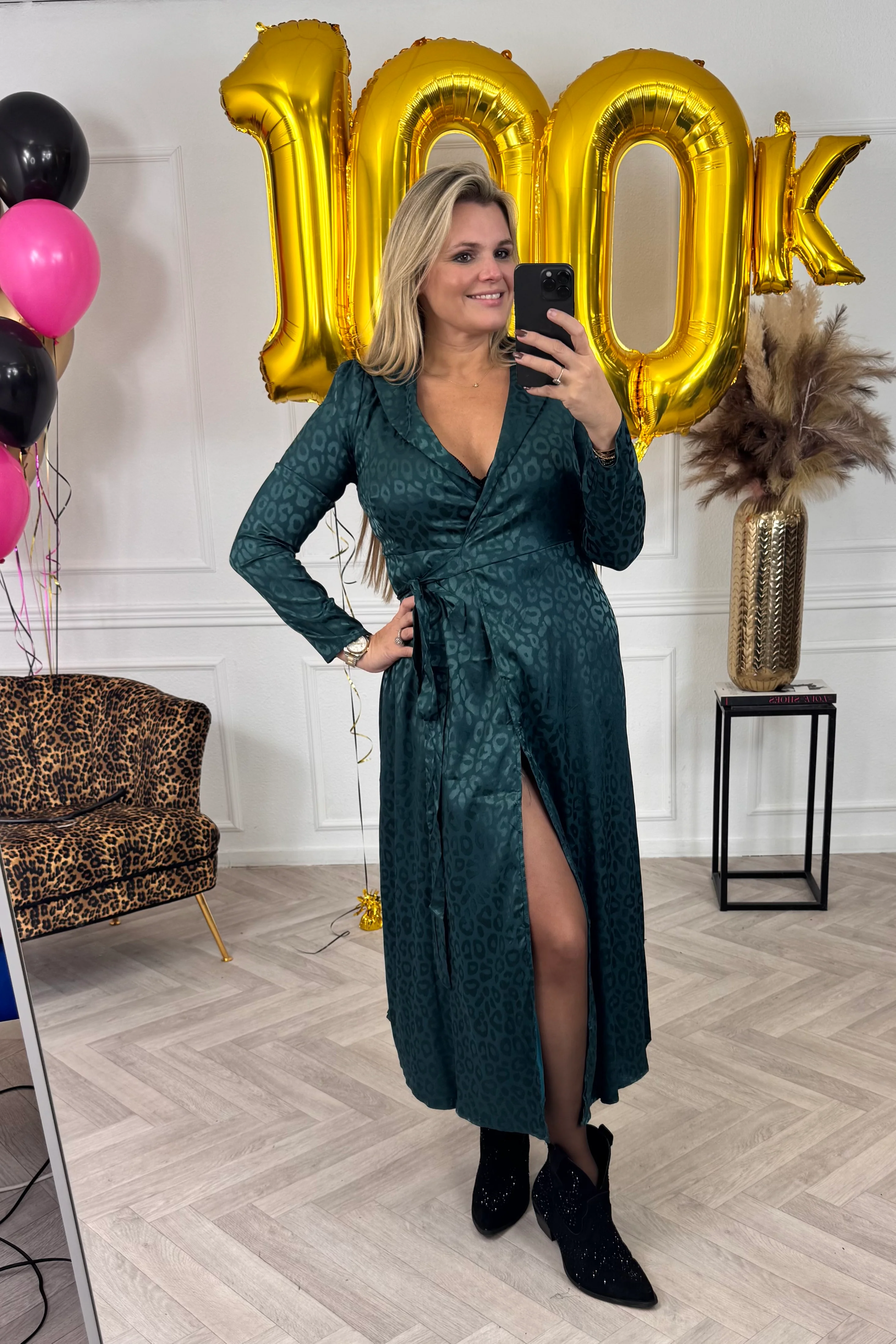 Silk Leopard Strik Dress - Green - Image 2