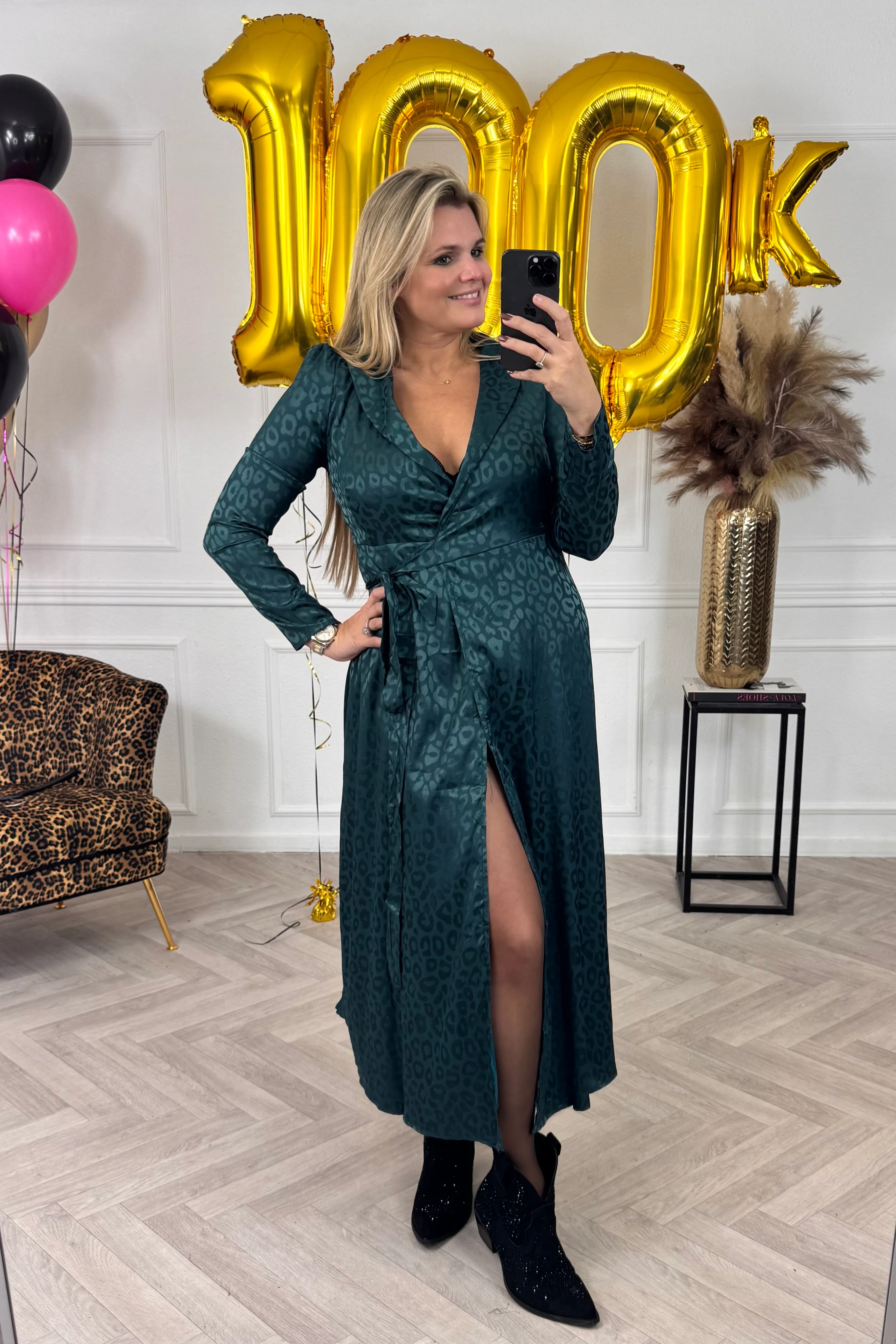 Silk Leopard Strik Dress - Green - Image 3