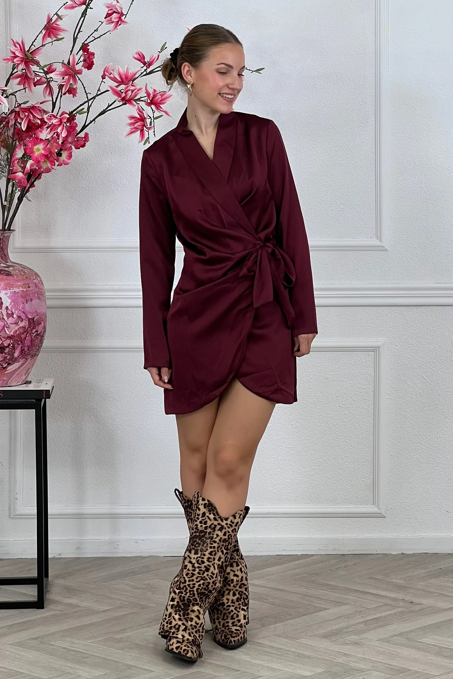 Silky Kimono Dress - Burgundy - Image 3