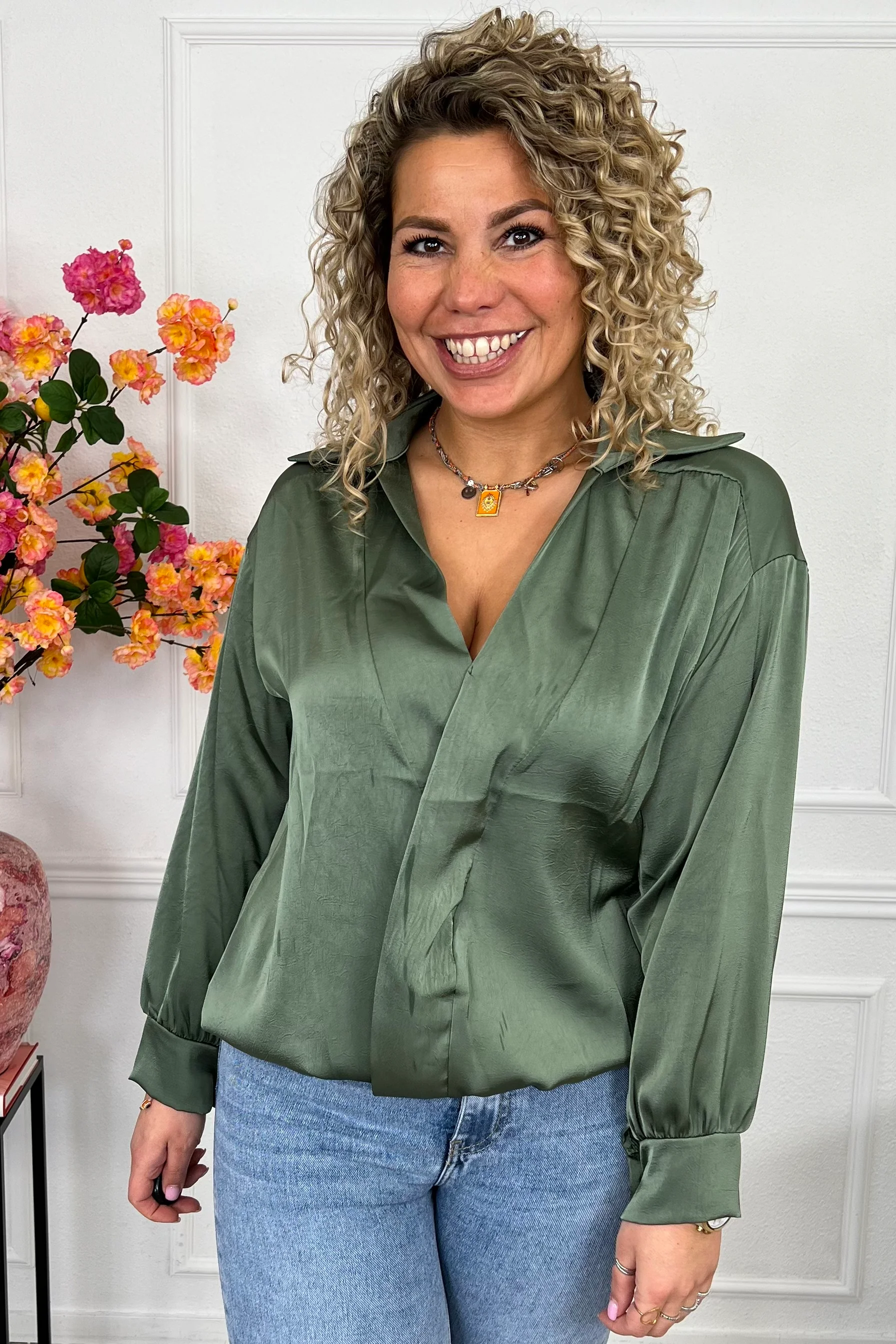 Silky V Neck Wrap Top - Armygreen