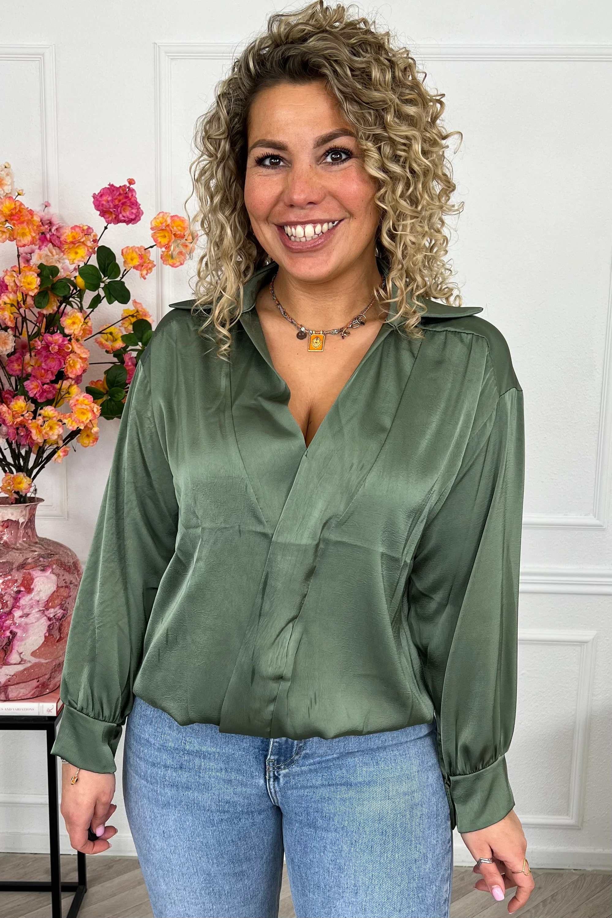 Silky V Neck Wrap Top - Armygreen - Image 3