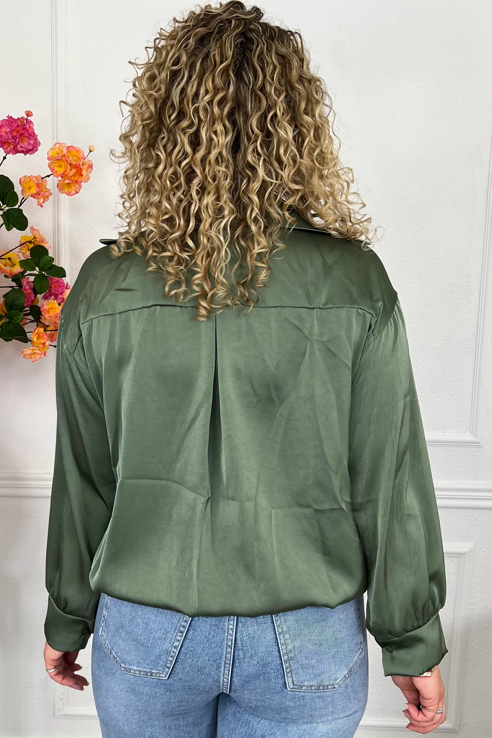 Silky V Neck Wrap Top - Armygreen - Image 4