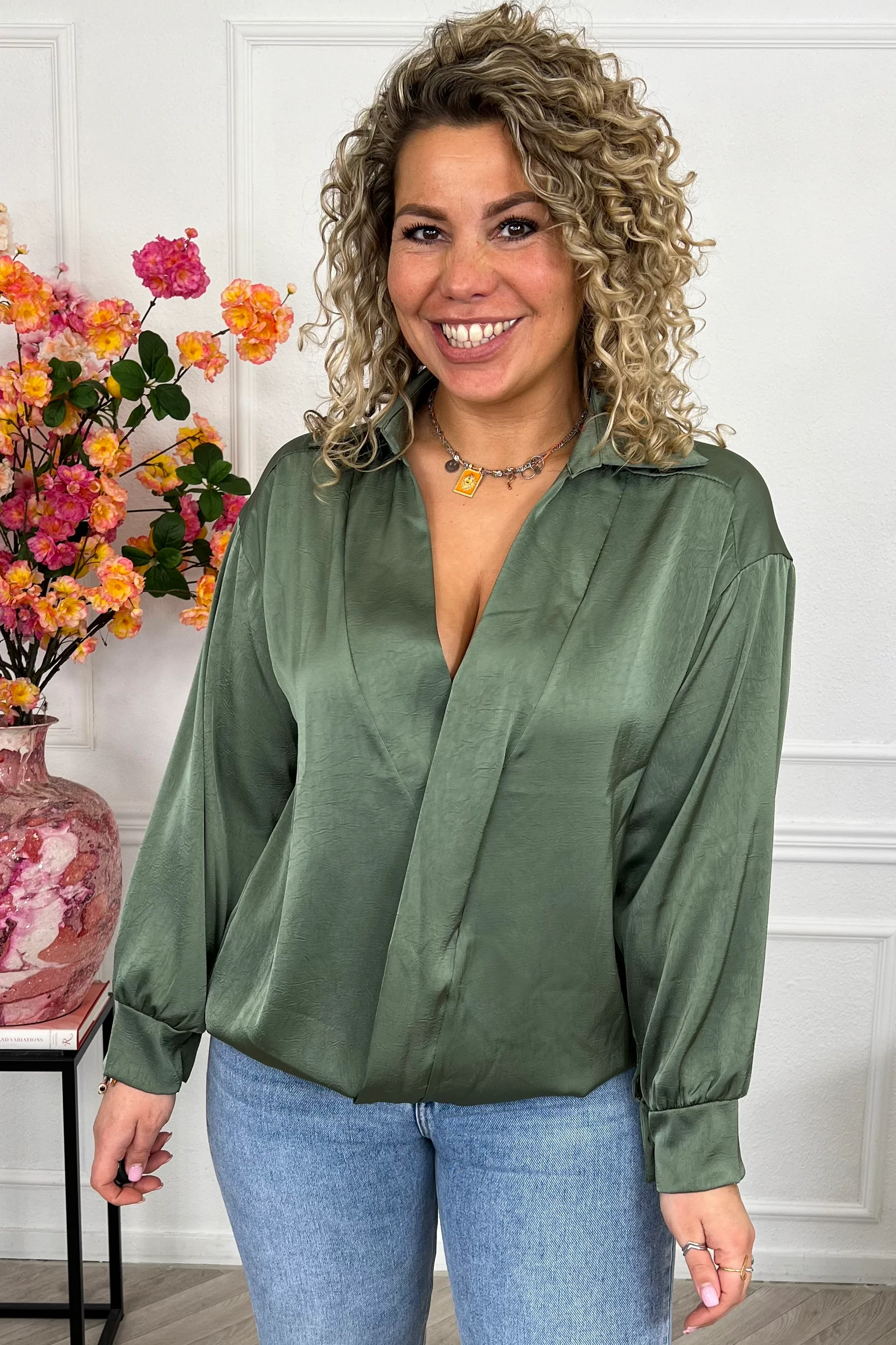 Silky V Neck Wrap Top - Armygreen - Image 5