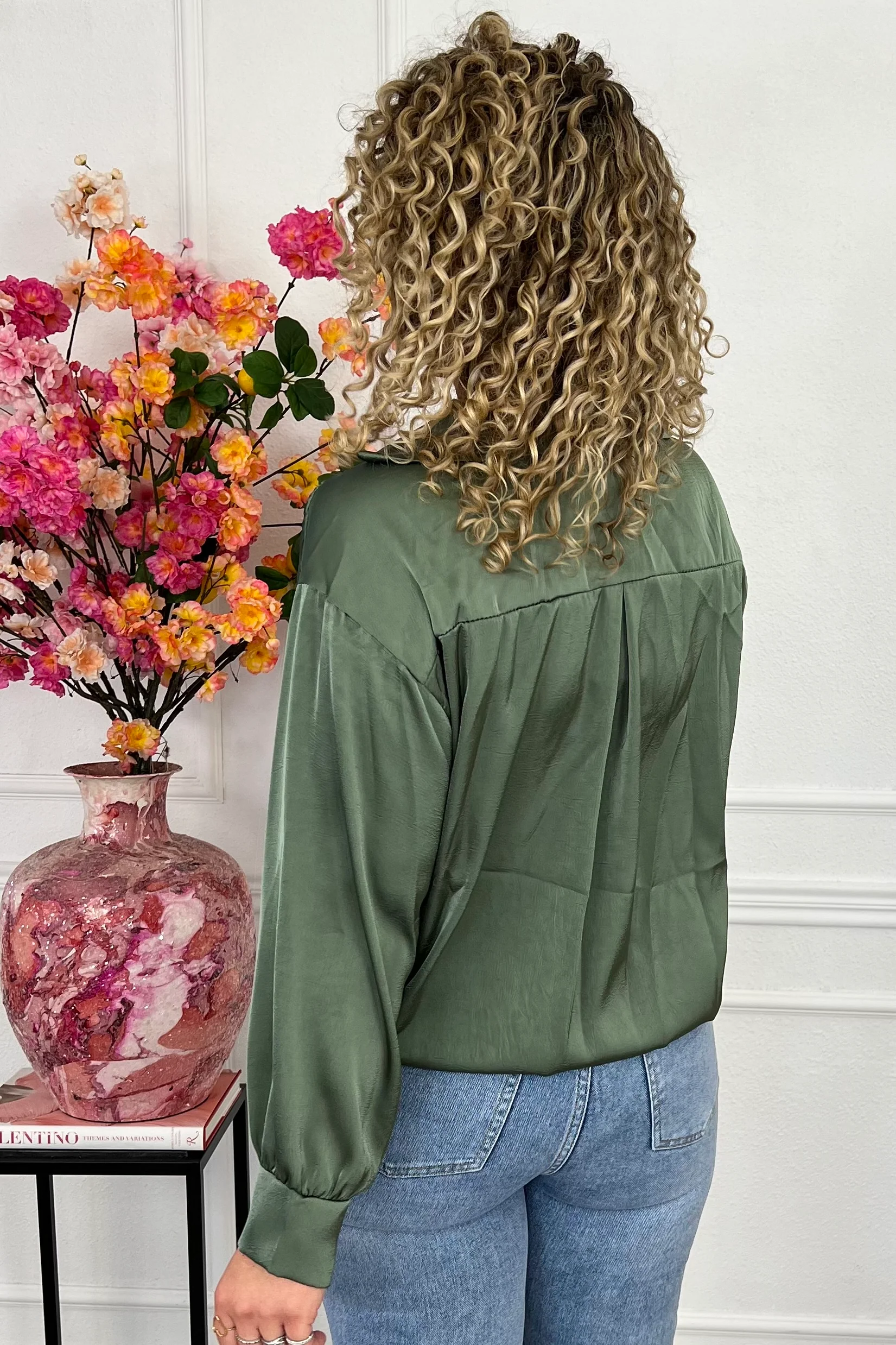 Silky V Neck Wrap Top - Armygreen - Image 6
