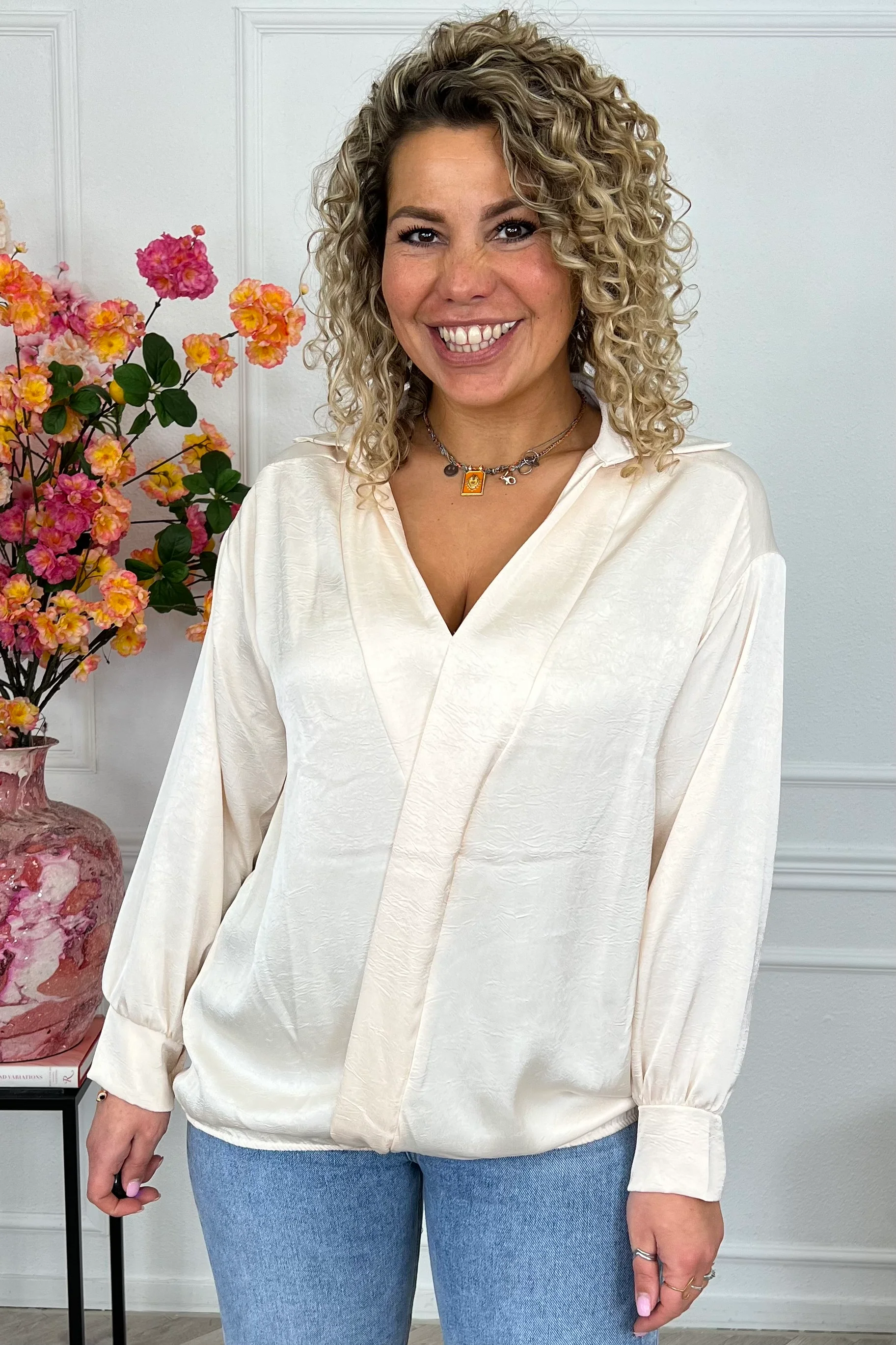 Silky V Neck Wrap Top - Beige - Image 3