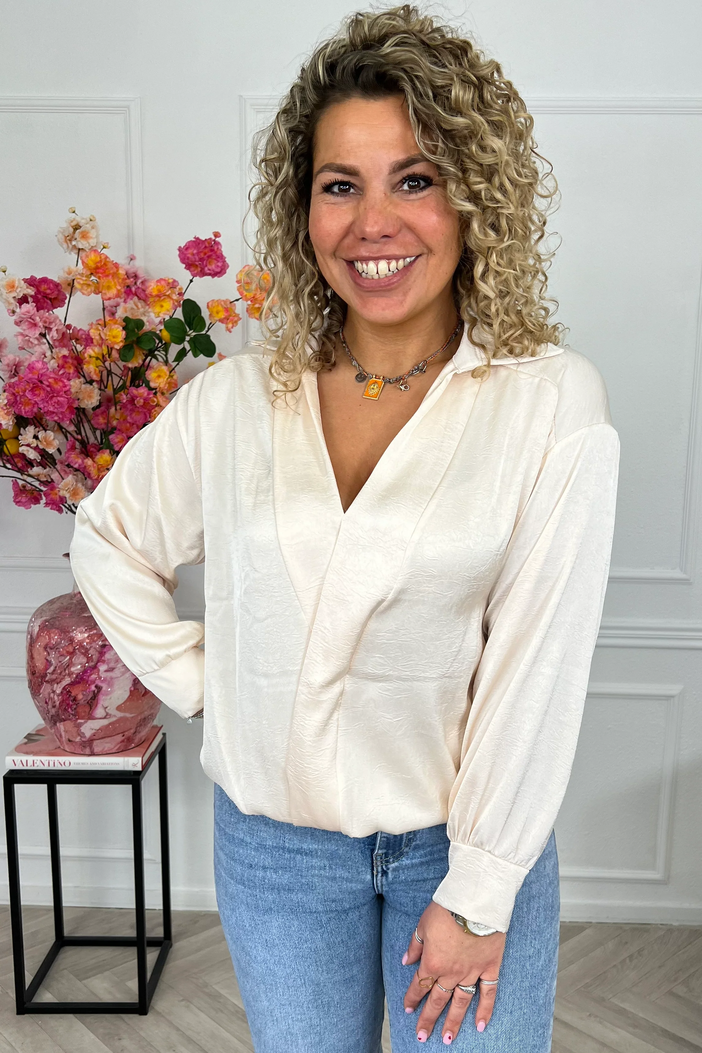 Silky V Neck Wrap Top - Beige - Image 5