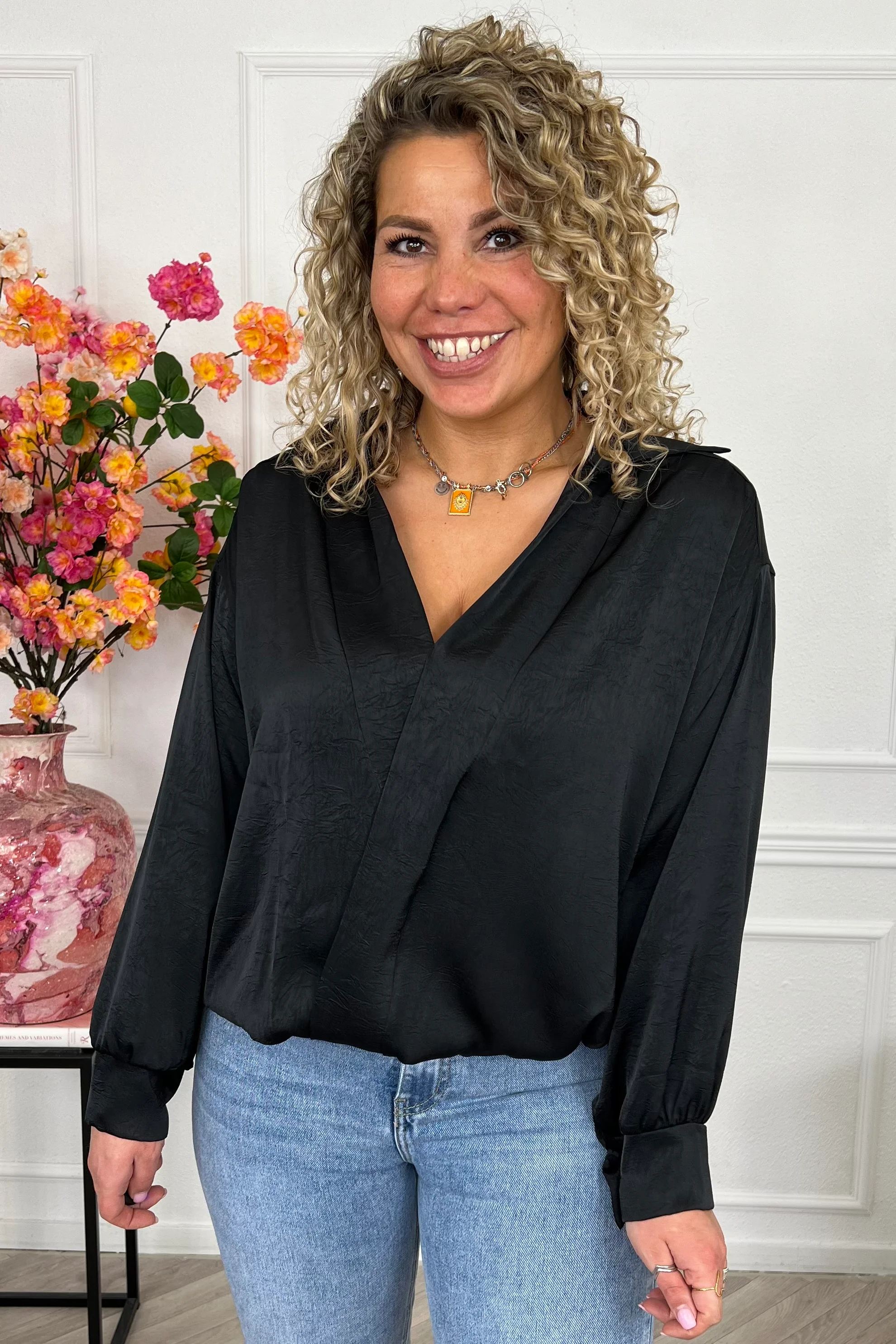 Silky V Neck Wrap Top - Black