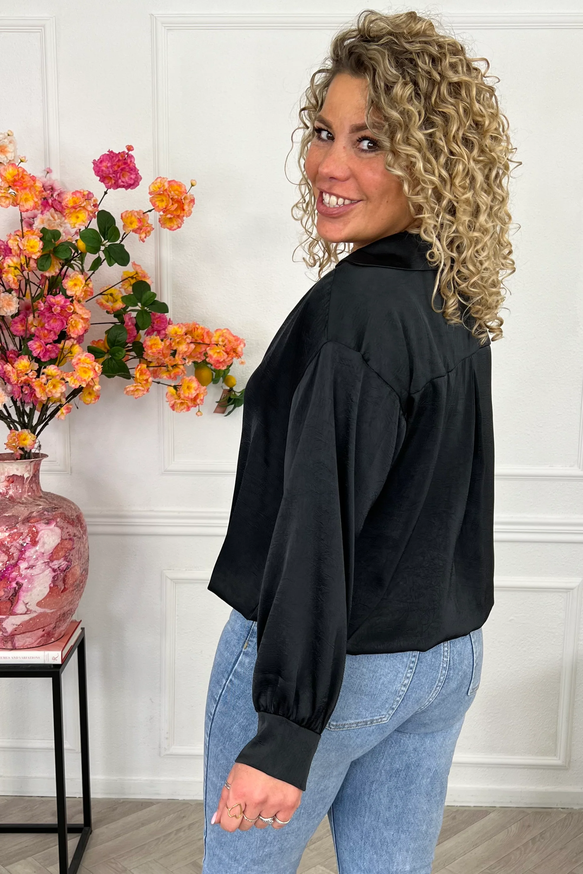 Silky V Neck Wrap Top - Black - Image 2
