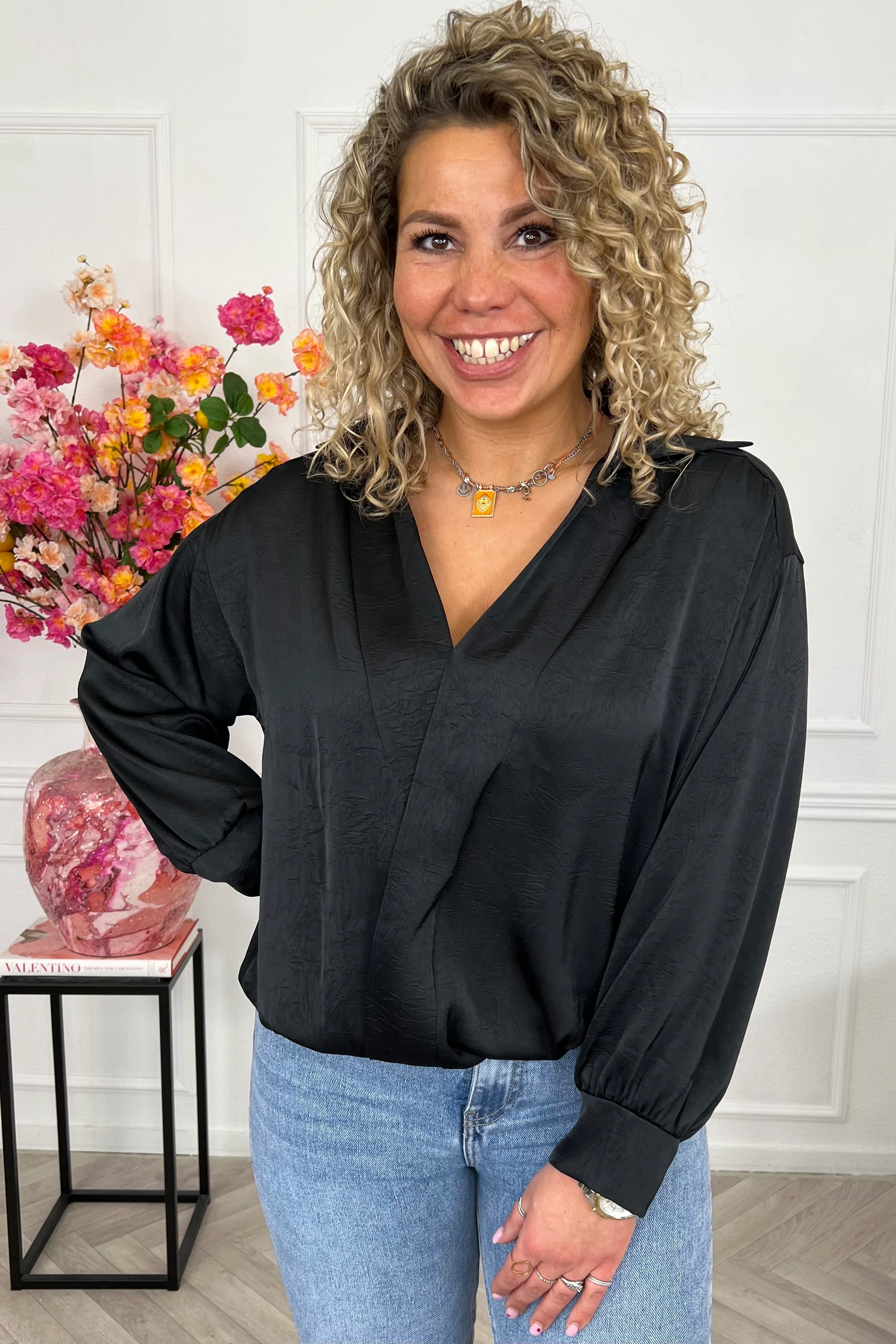 Silky V Neck Wrap Top - Black - Image 3