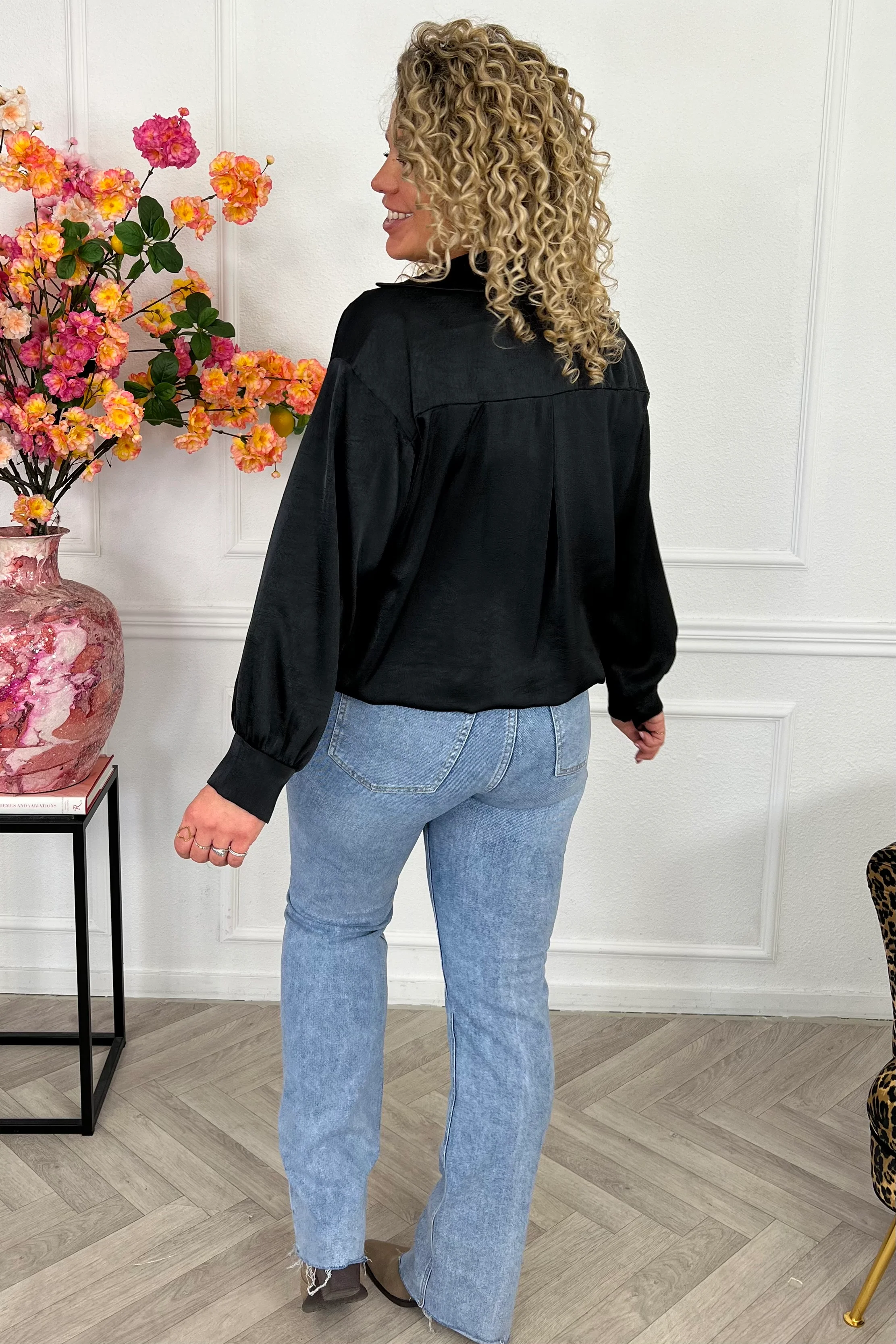 Silky V Neck Wrap Top - Black - Image 5