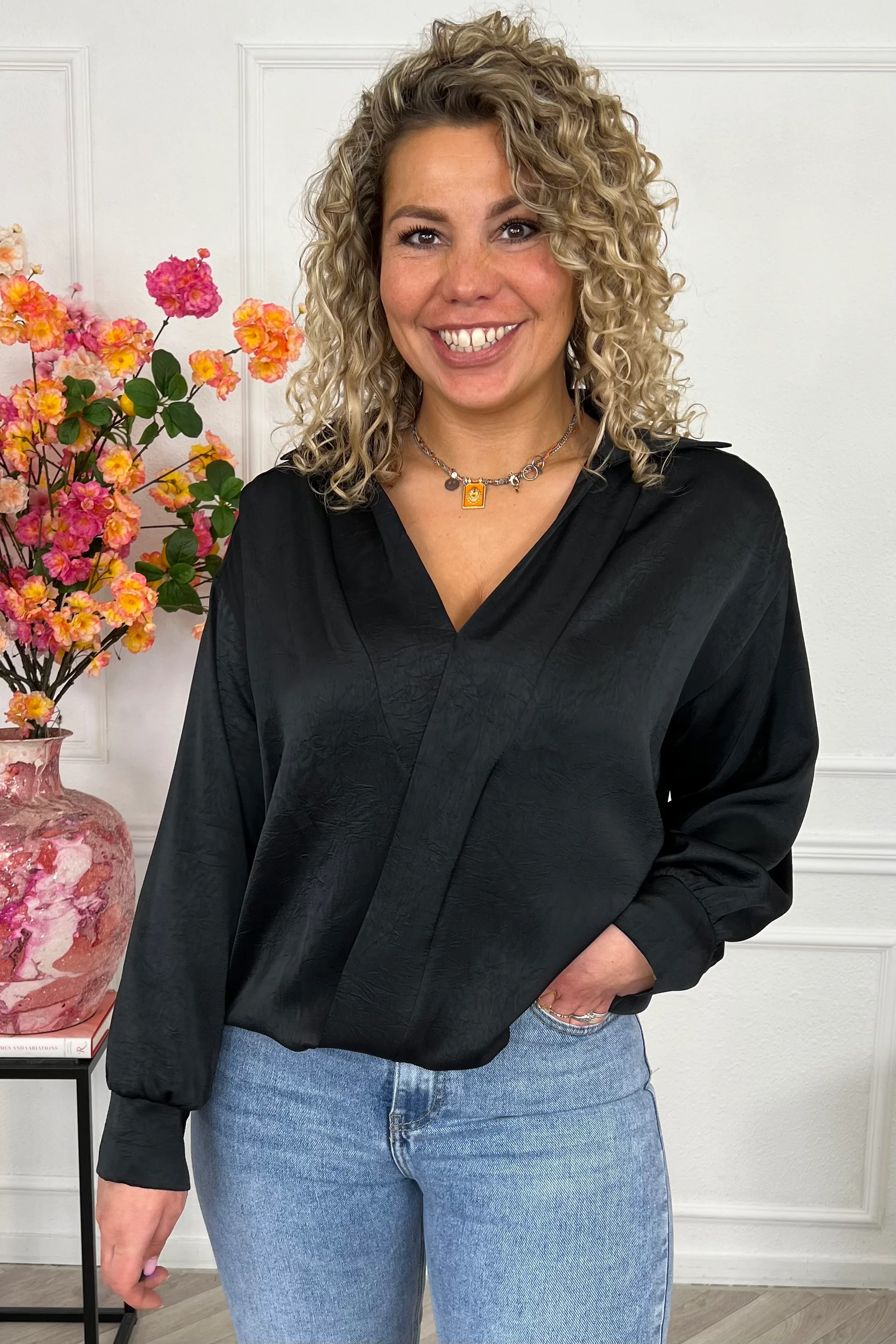 Silky V Neck Wrap Top - Black - Image 6