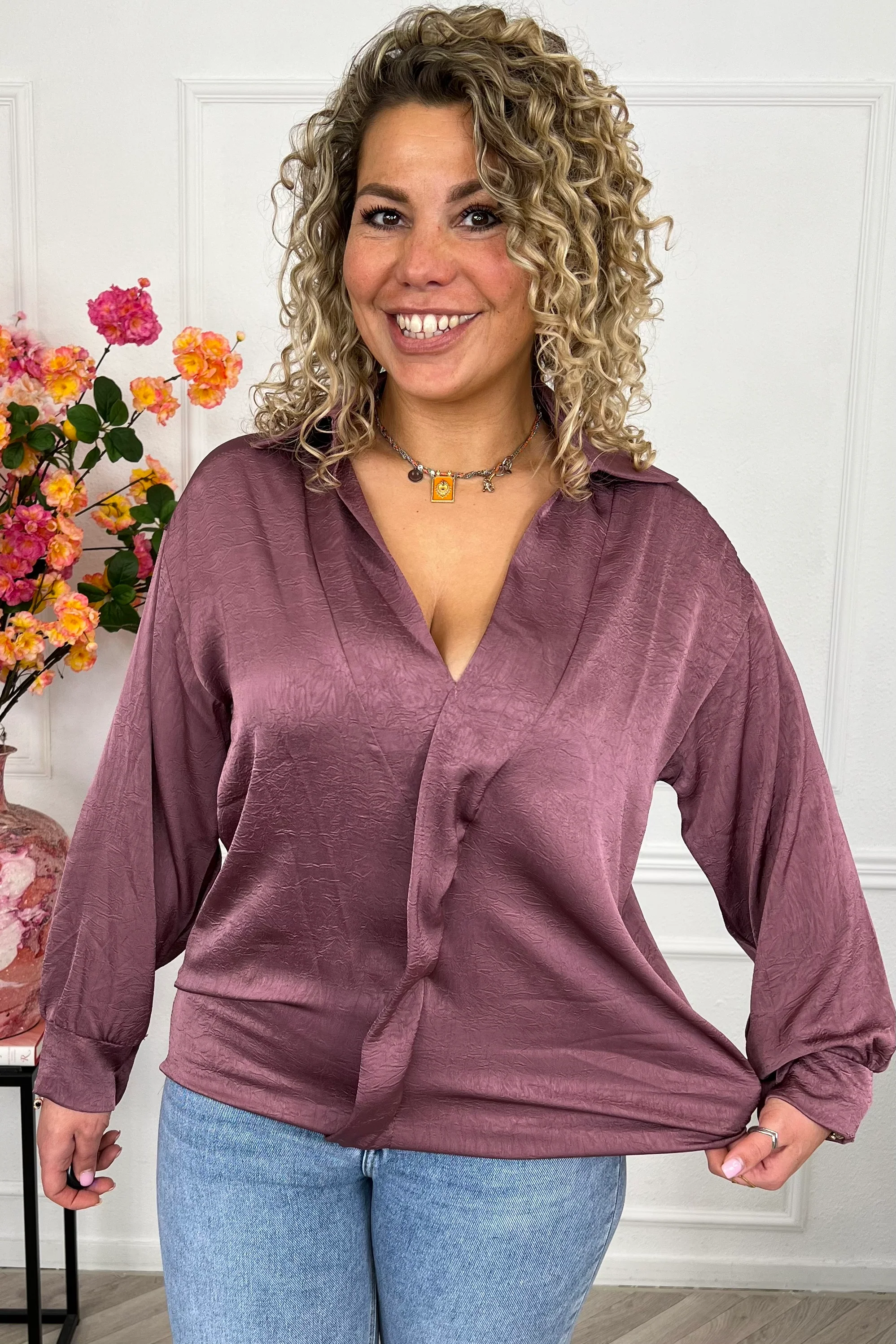 Silky V Neck Wrap Top - Mauve - Image 3