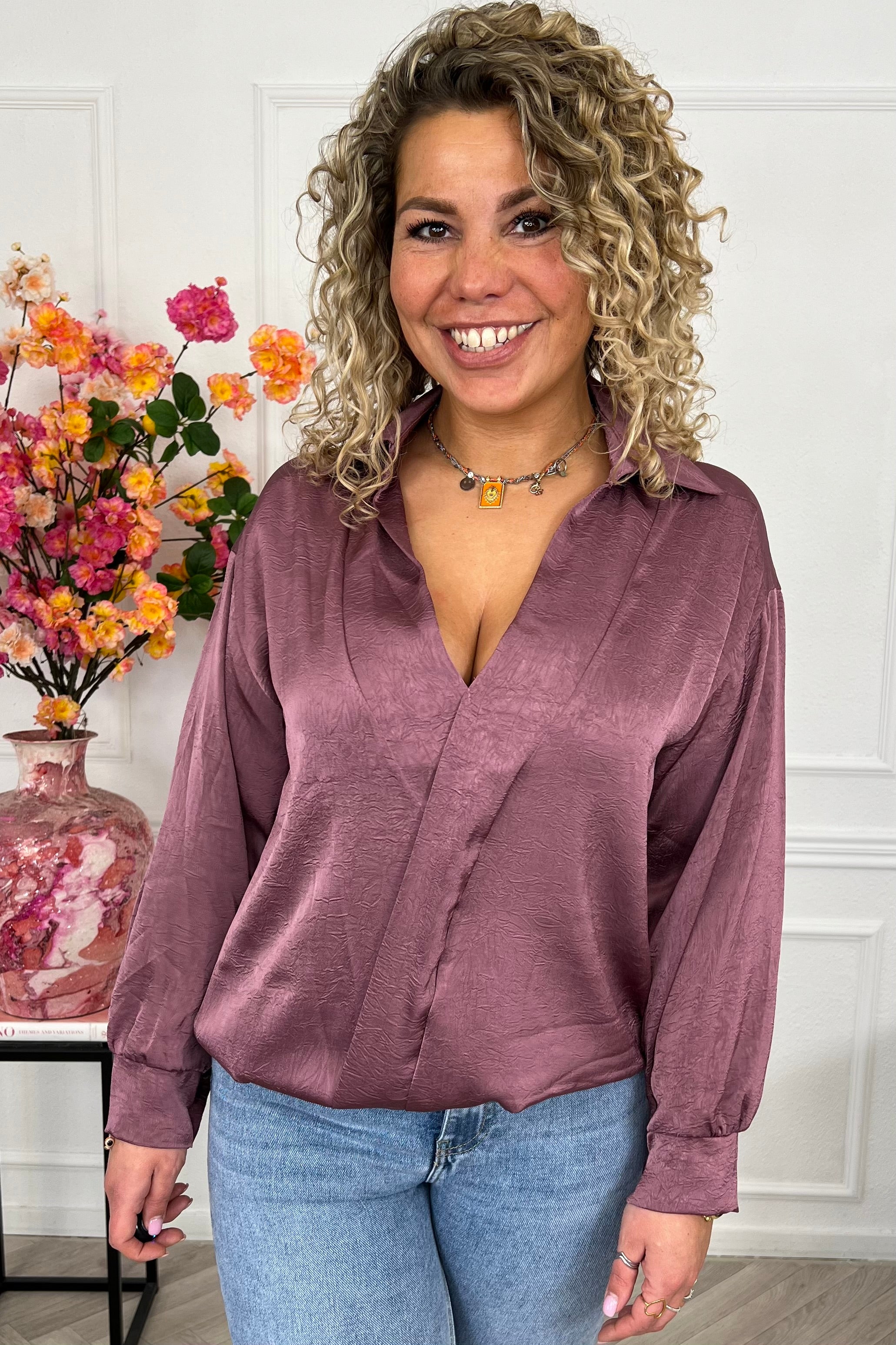 Silky V Neck Wrap Top - Mauve - Image 4