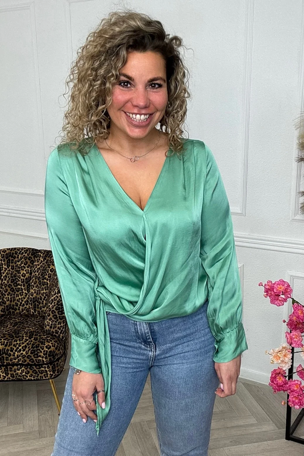 Silky Wrap Blouse - Green - Image 3
