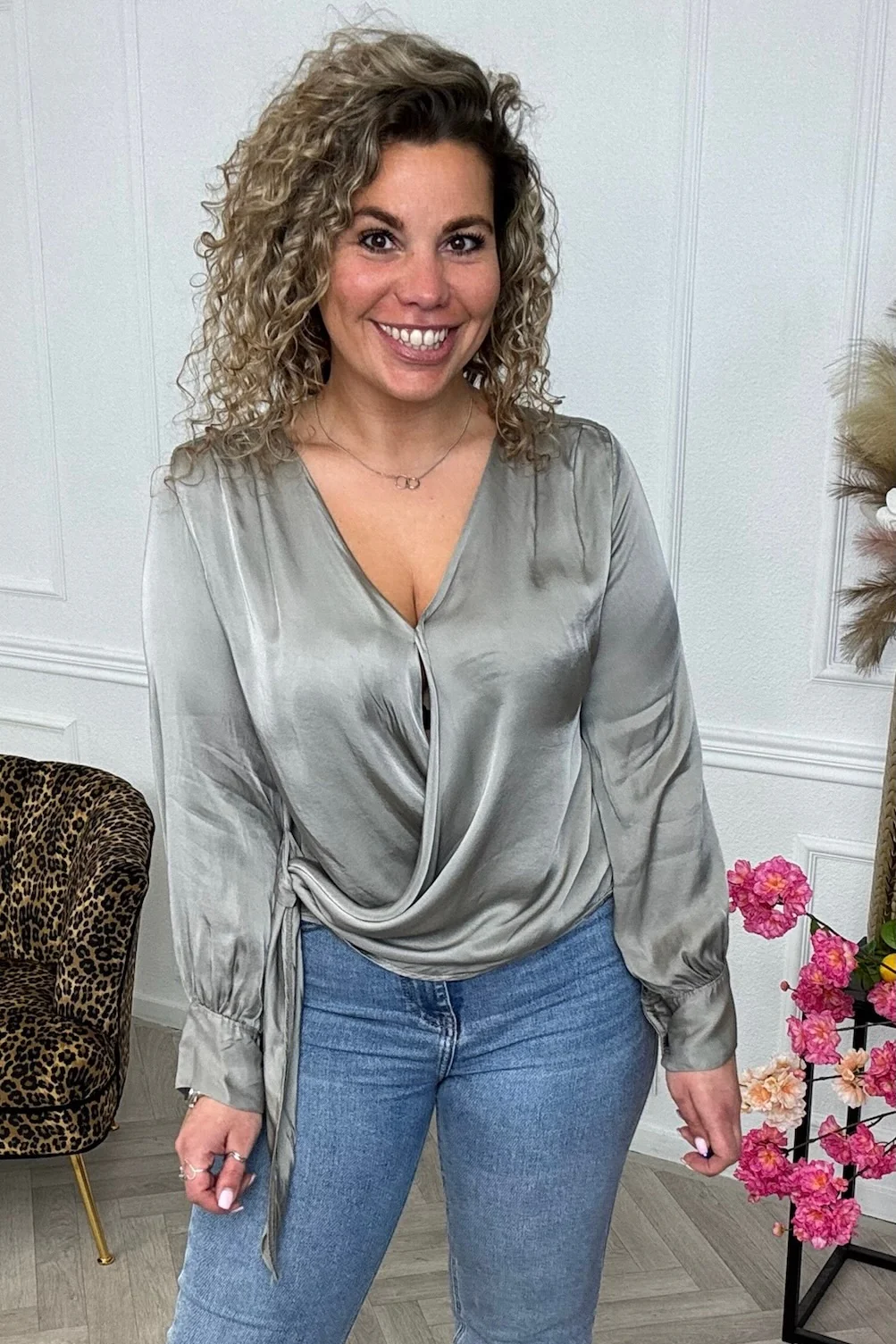 Silky Wrap Blouse - Grey - Image 3