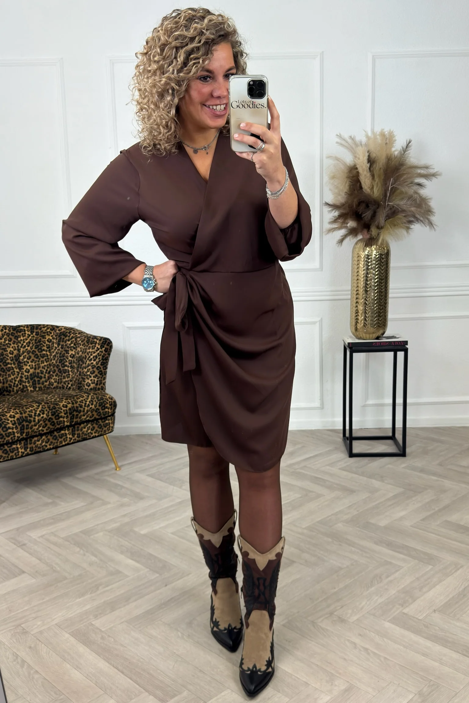 Silky Wrap Dress - Brown - Image 5