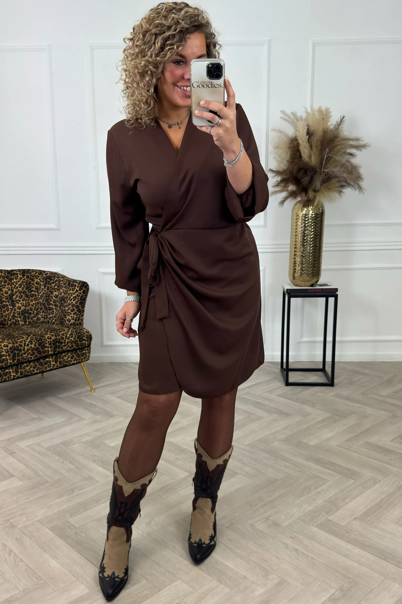 Silky Wrap Dress - Brown - Image 6