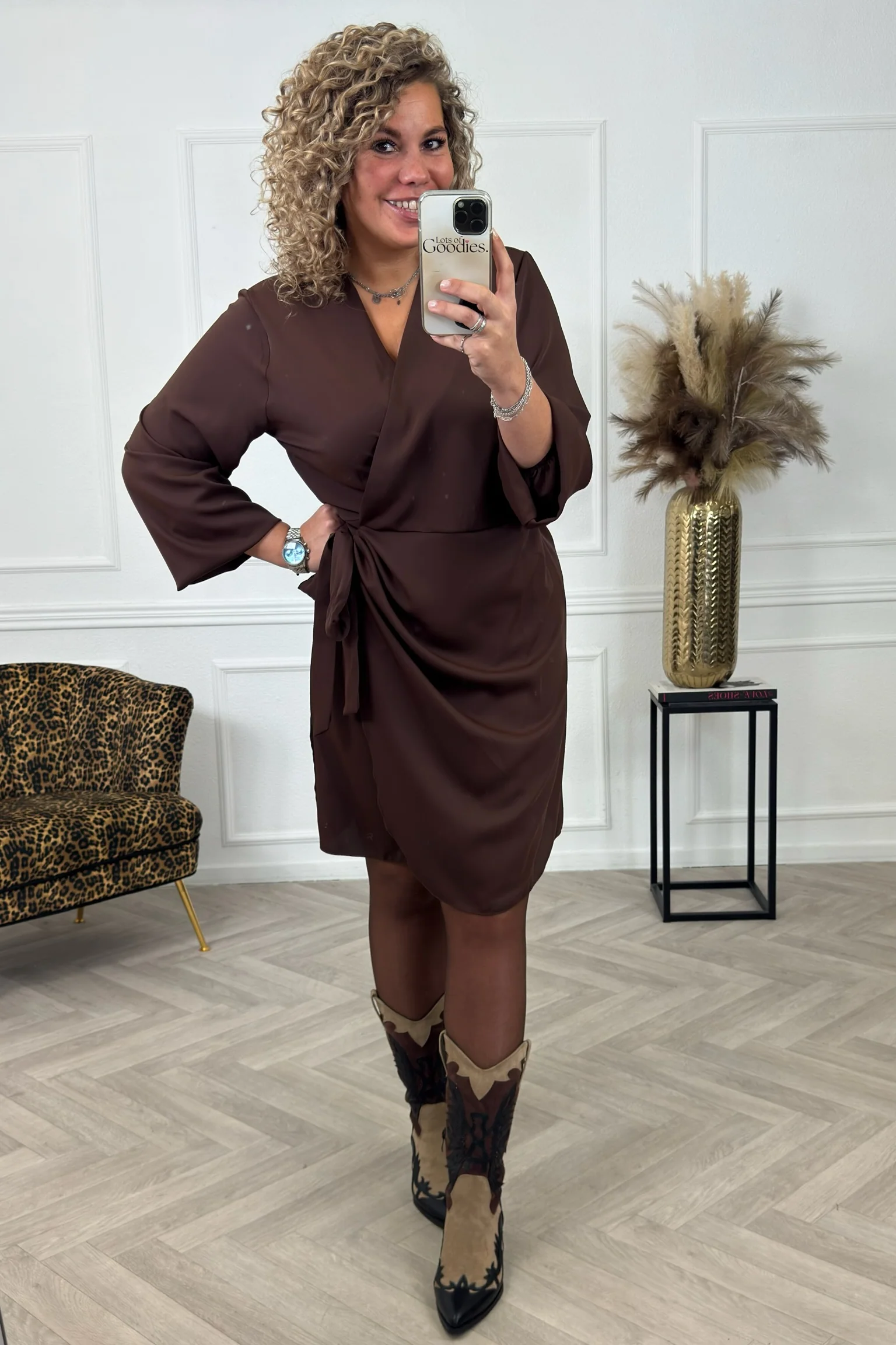 Silky Wrap Dress - Brown - Image 7