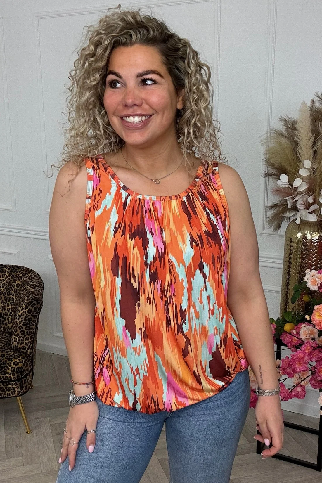 Sleeveless Balloon Striped Top - Orange/Pink - Image 2