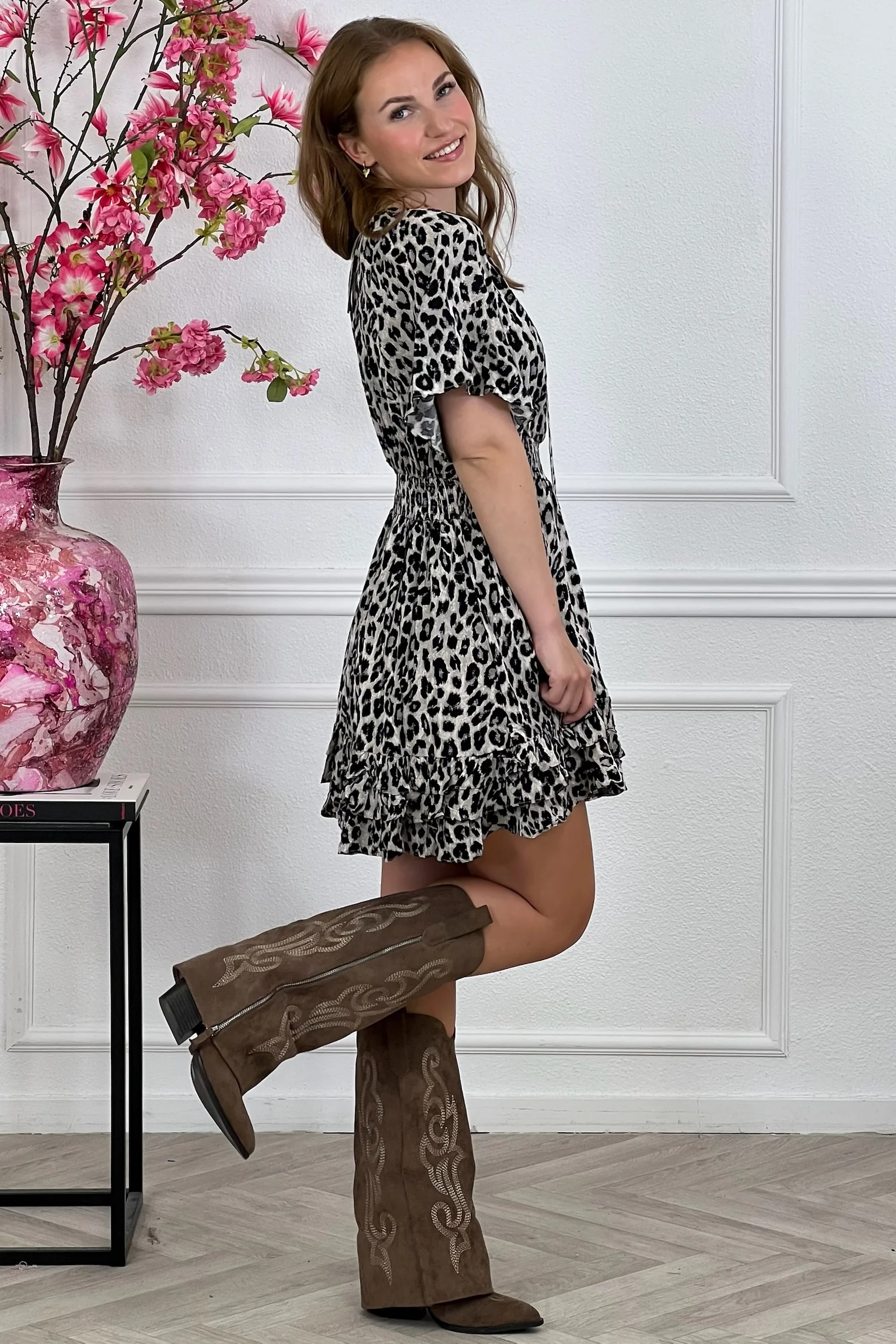 Smocked Leopard Dress - Light Grey - Image 5