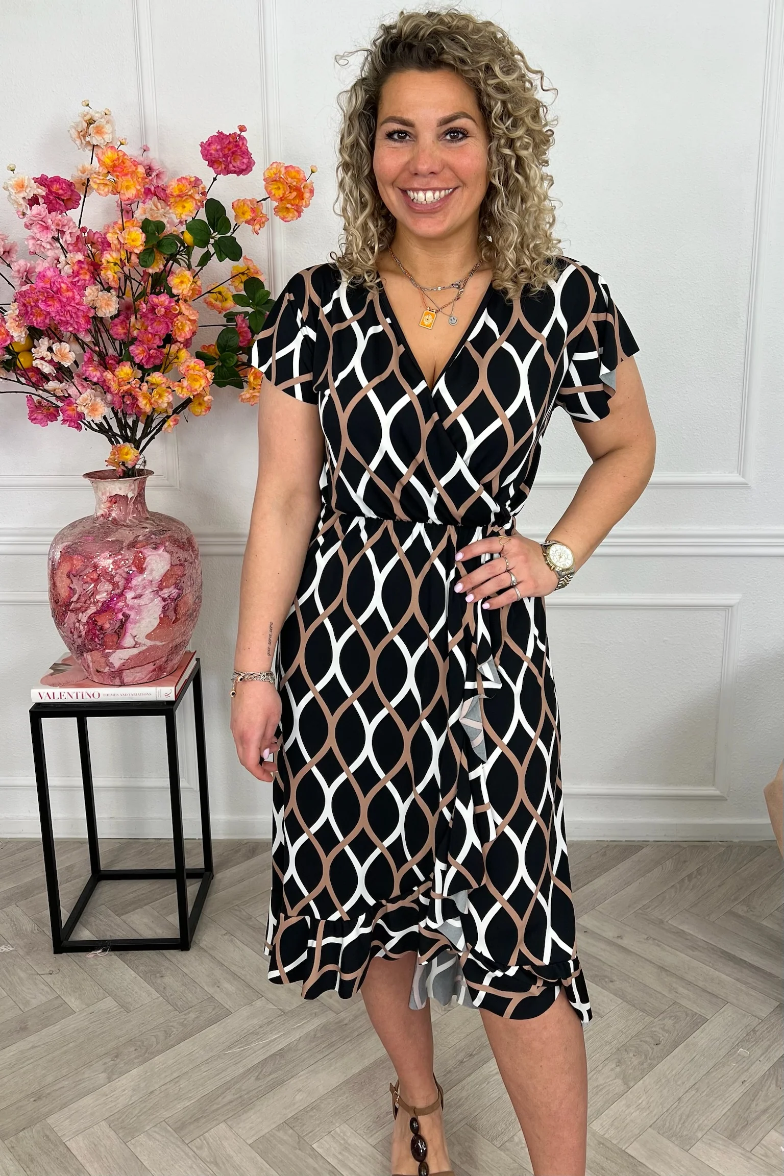 Spanish Teardrop Ruffle Dress - Black/White/Brown - Image 2